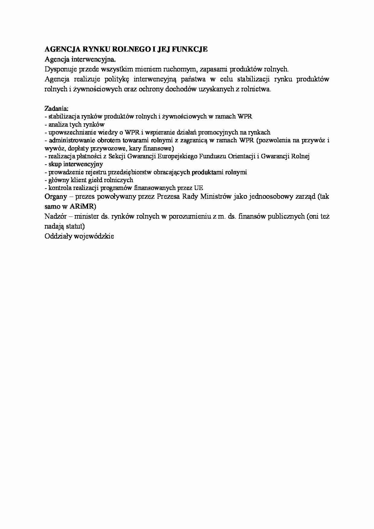 Agencja rynku rolnego i jej funkcje-opracowanie - strona 1