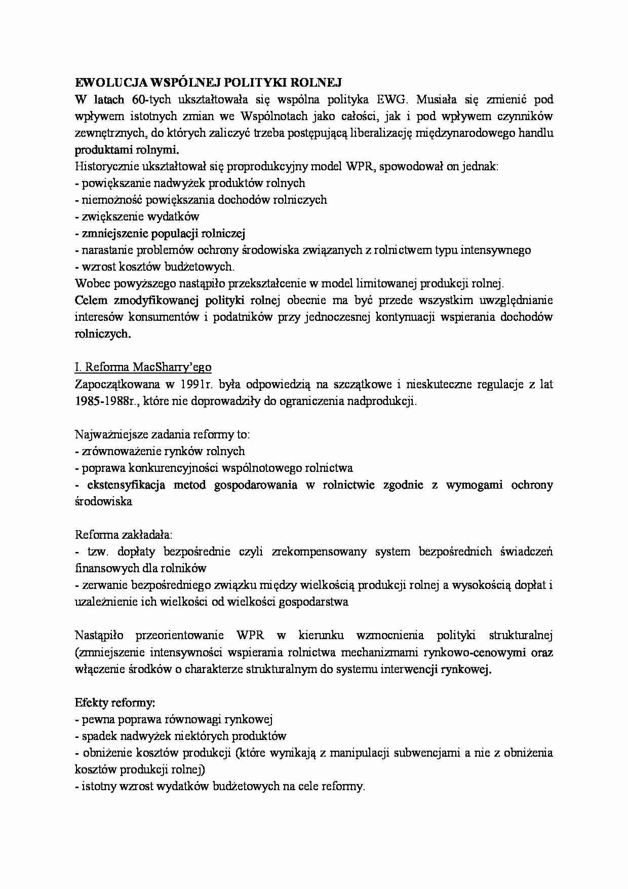 Ewolucja wspólnej polityki rolnej-opracowanie - strona 1