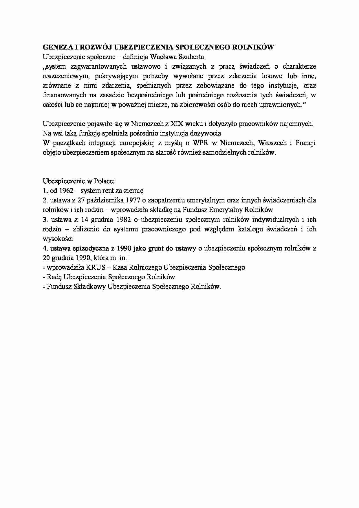 Geneza i rozwój ubezpieczenia społecznego rolników-opracowanie - strona 1