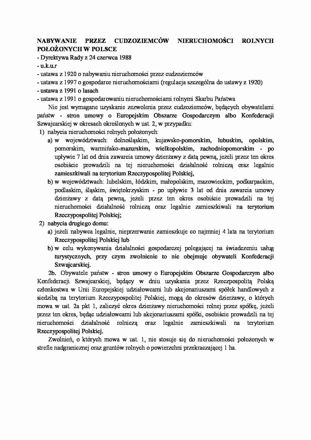 Nabywanie przez cudzoziemców nieruchomości rolnych w Polsce-opracowanie - strona 1