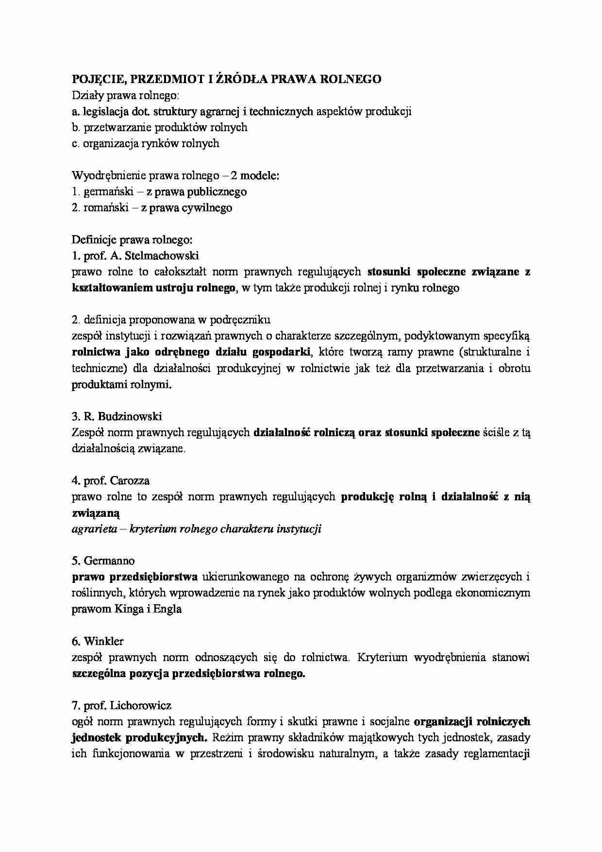Pojęcie, przedmiot i źródła prawa rolnego-opracowanie - strona 1