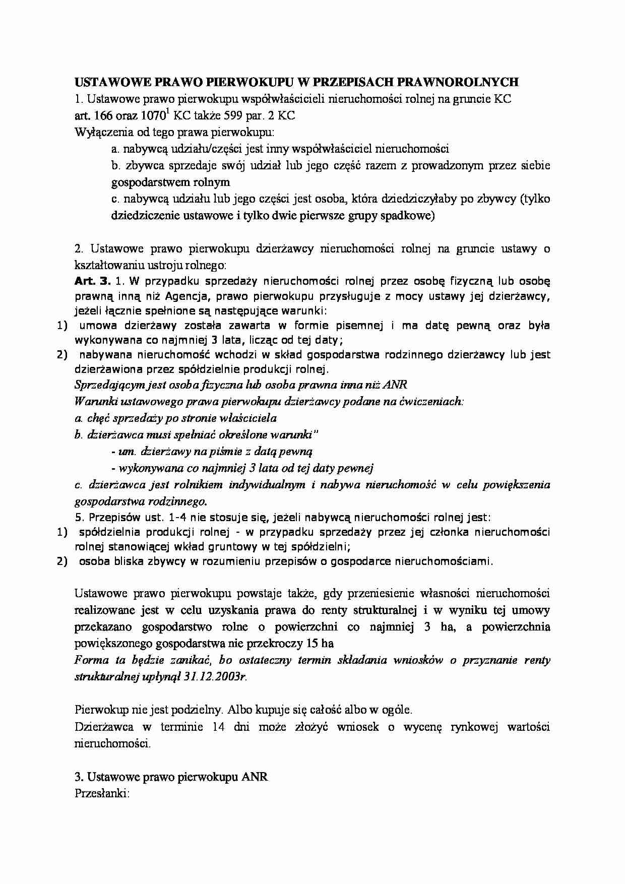 Ustawowe prawo pierwokupu w przepisach prawnorolnych-opracowanie - strona 1