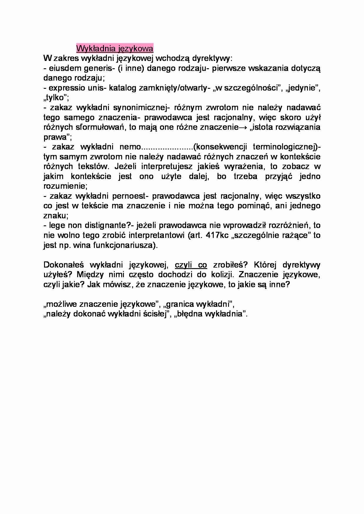 Wykładnia językowa-opracowanie - strona 1