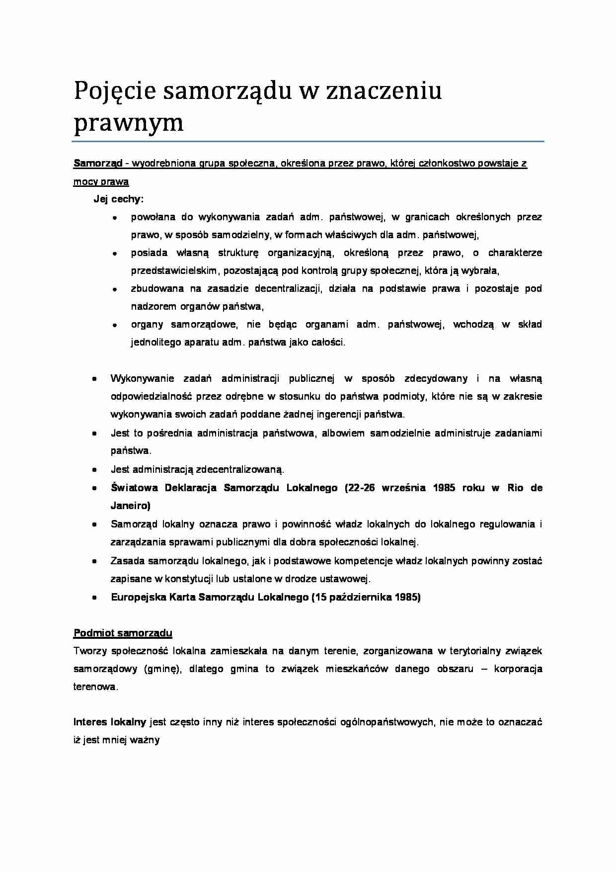 Pojęcie samorządu w znaczeniu prawnym-opracowanie - strona 1