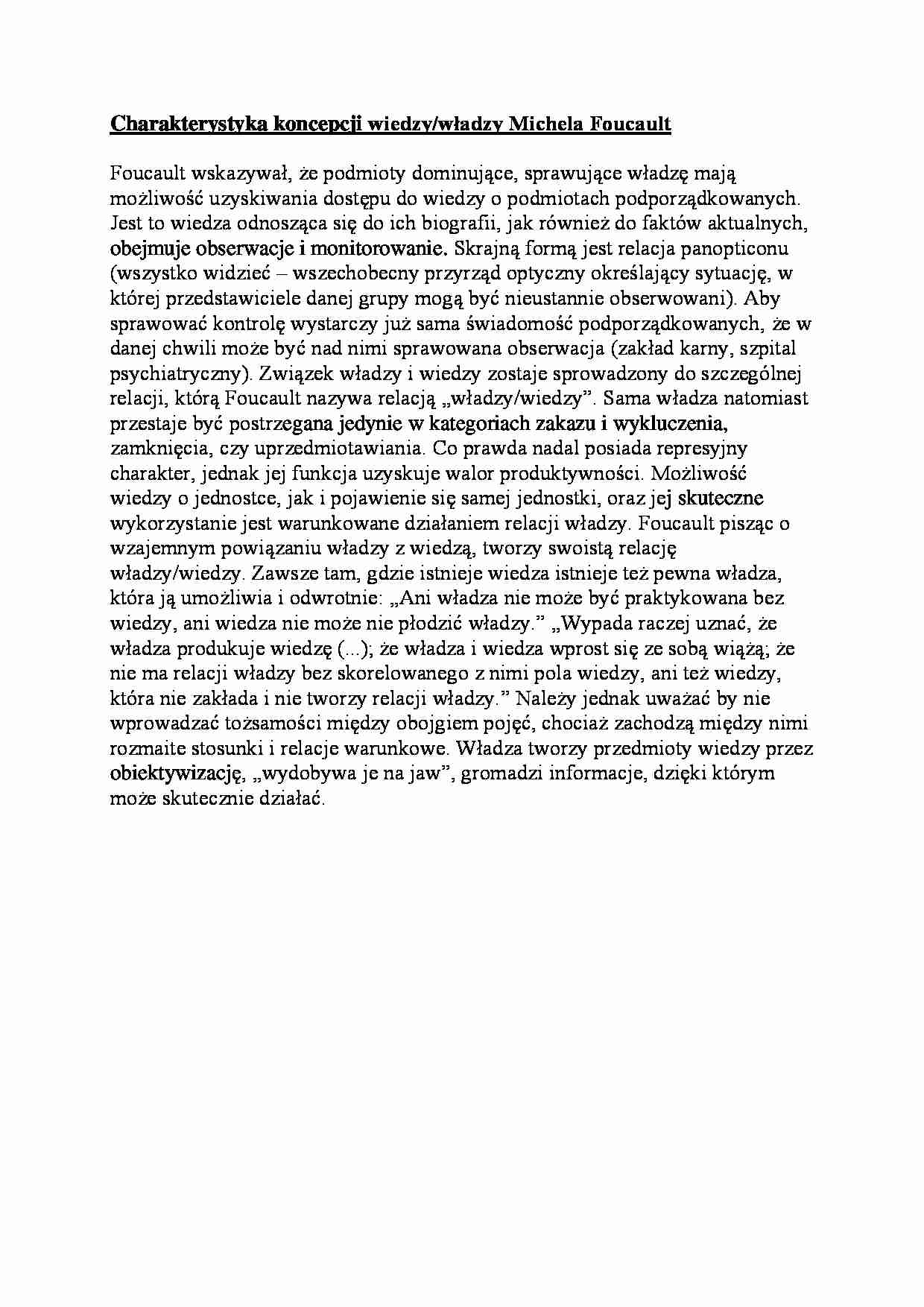 Charakterystyka koncepcji wiedzy/władzy Michela Foucault-opracowanie - strona 1