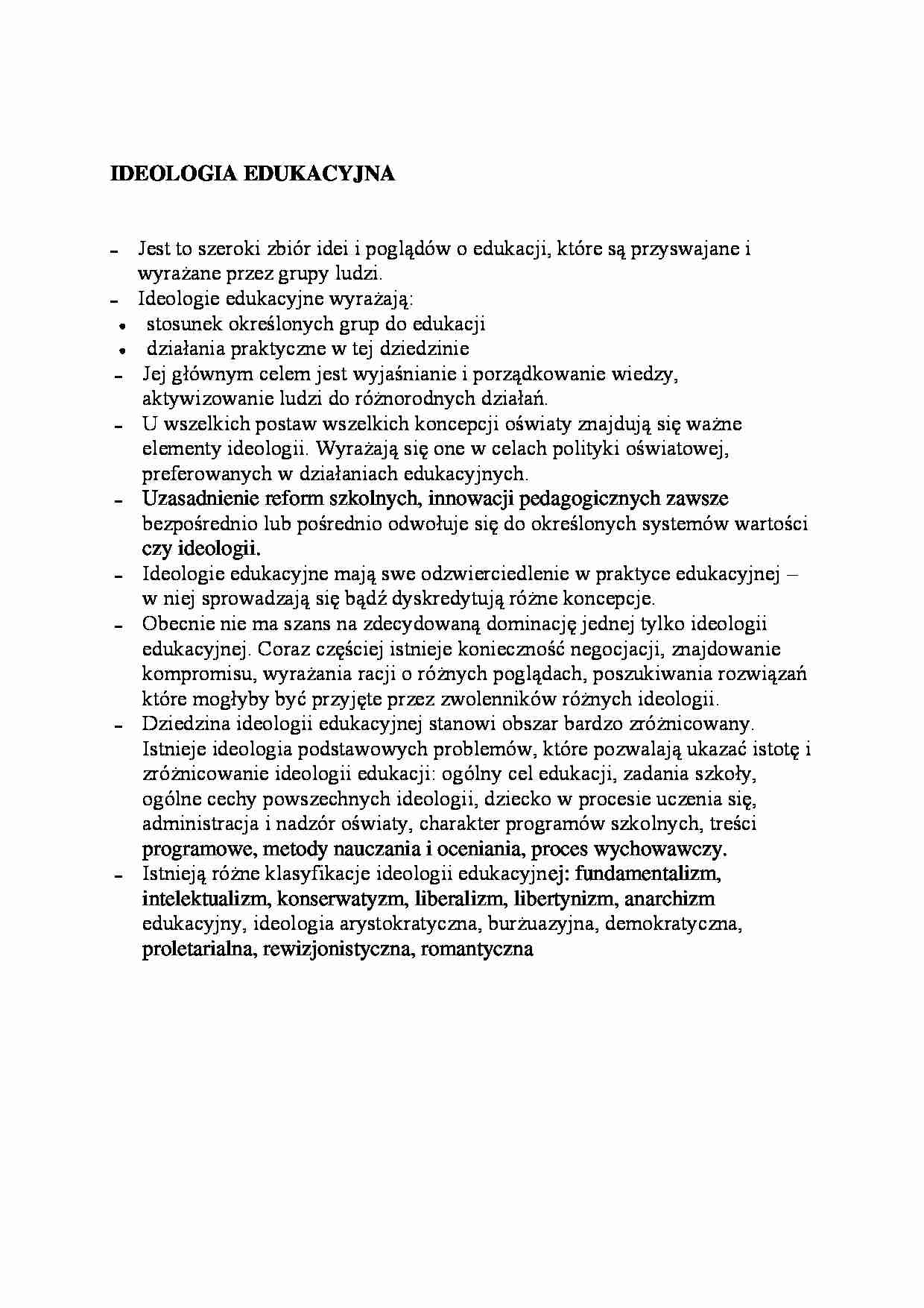 Ideologia edukacyjna-opracowanie - strona 1
