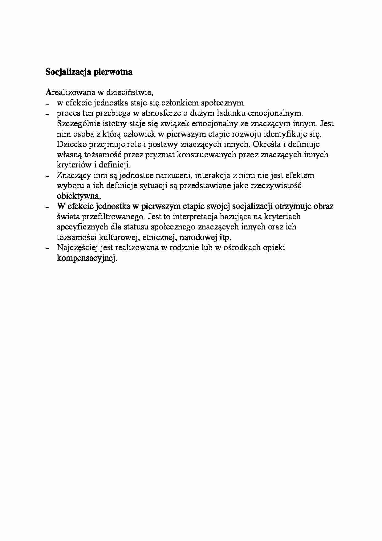 Socjalizacja pierwotna-opracowanie - strona 1