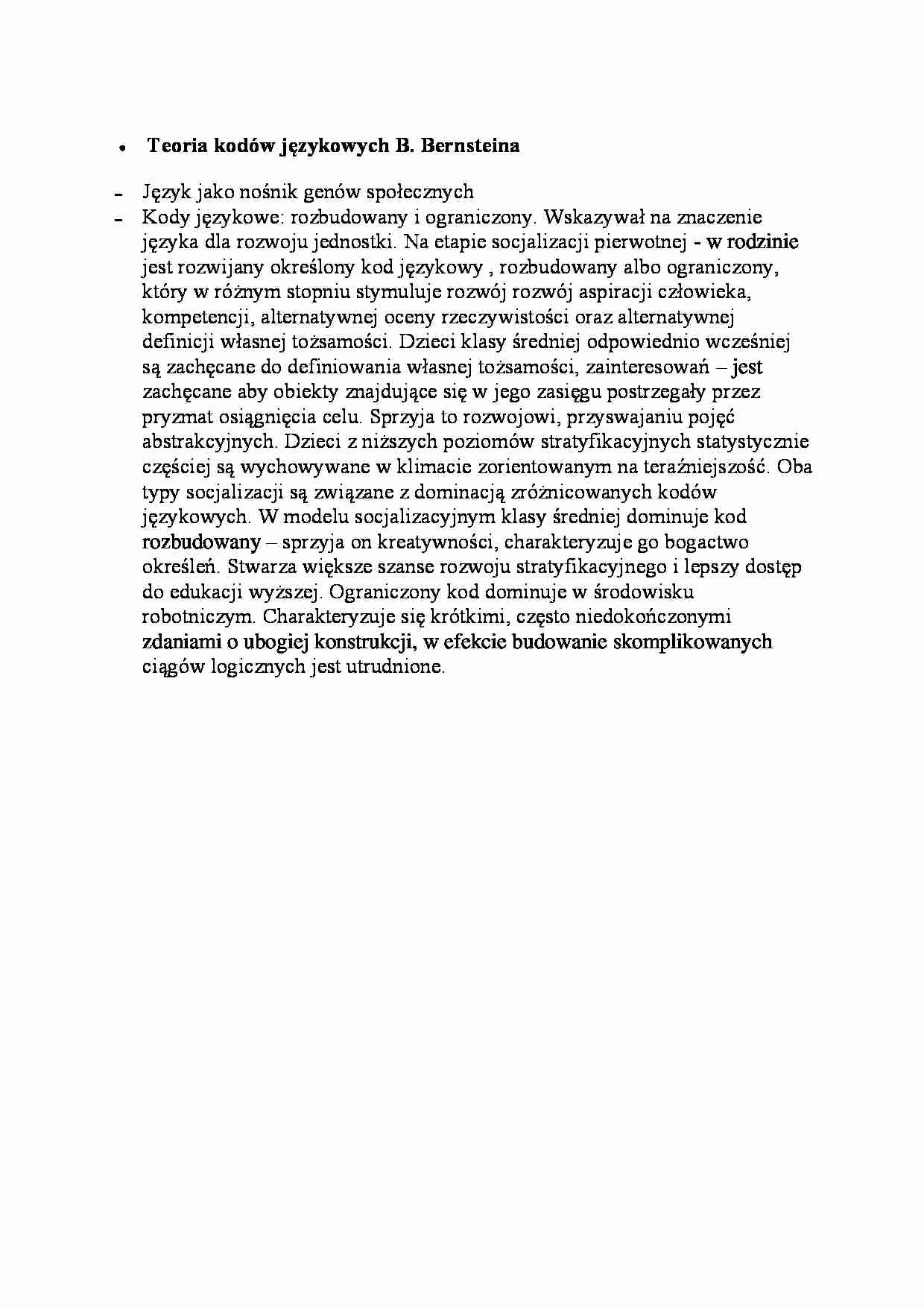 Teoria kodów językowych B.Bernteina-opracowanie - strona 1