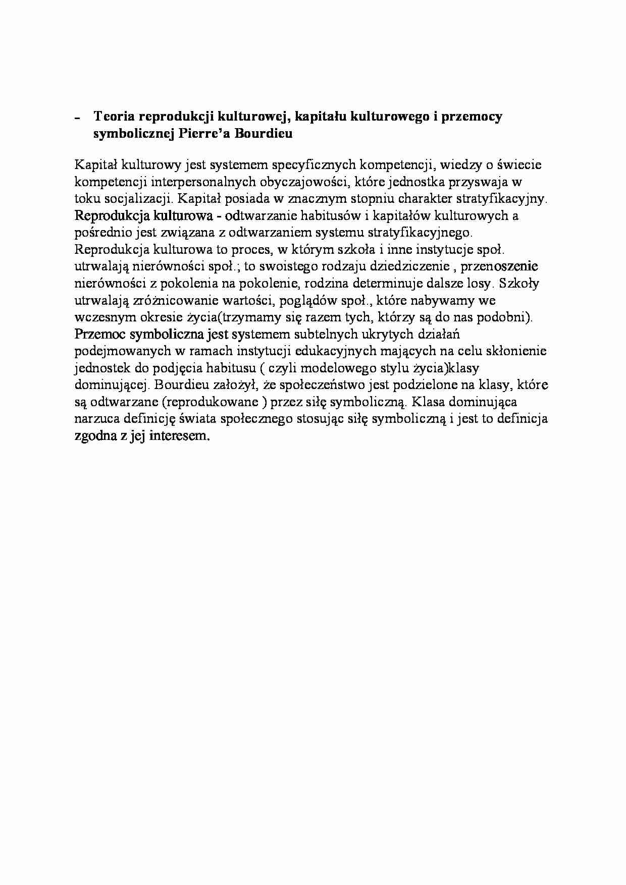 Teoria reprodukcji kulturowej-opracowanie - strona 1