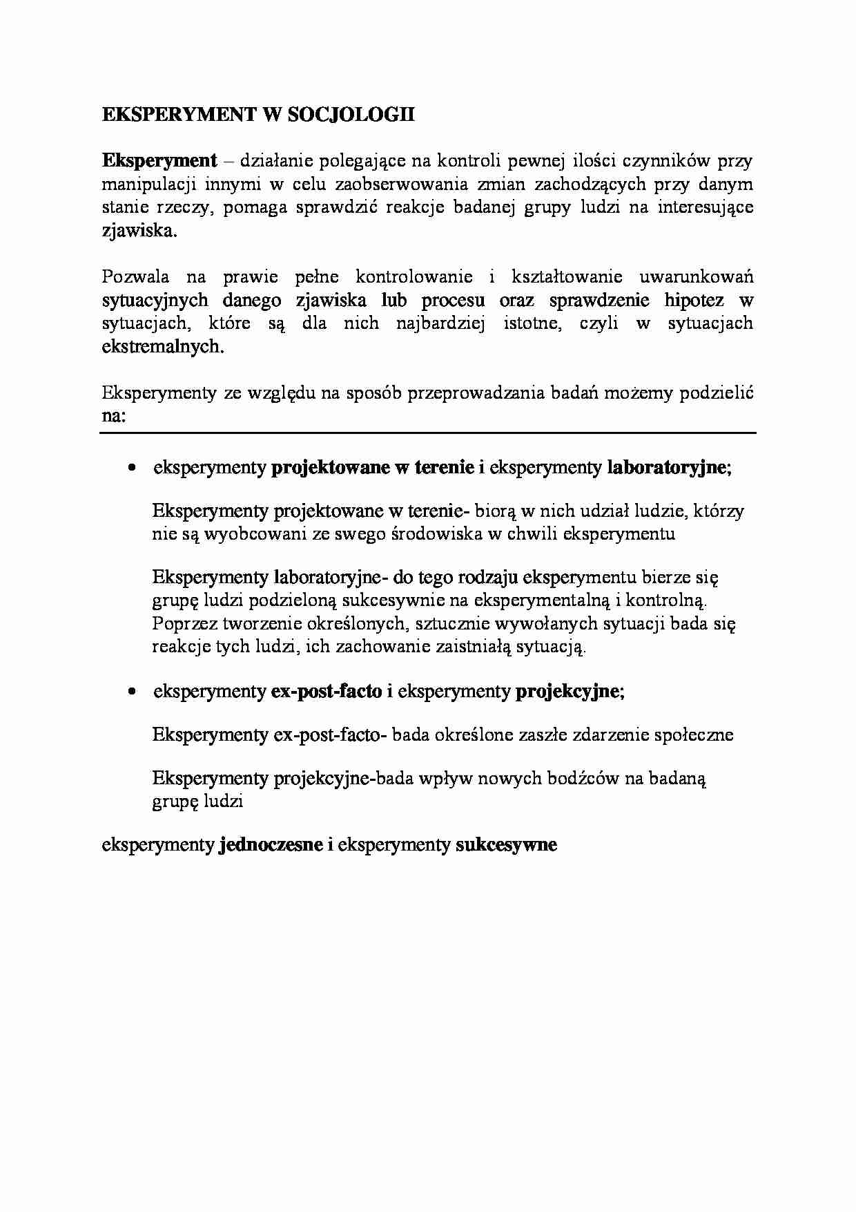 Eksperyment w socjologii-opracowanie  - strona 1