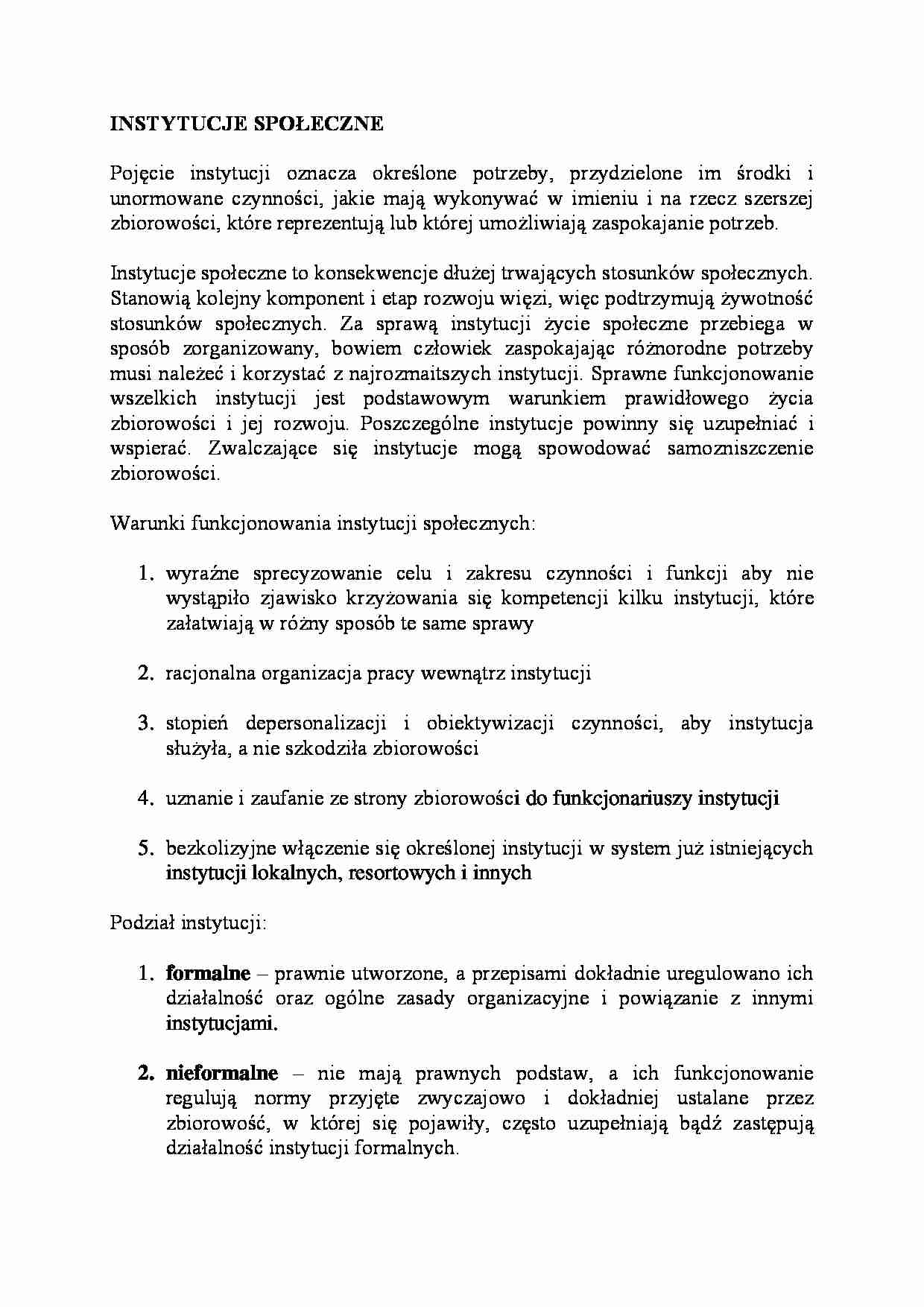 Instytucje społeczne-opracowanie  - strona 1