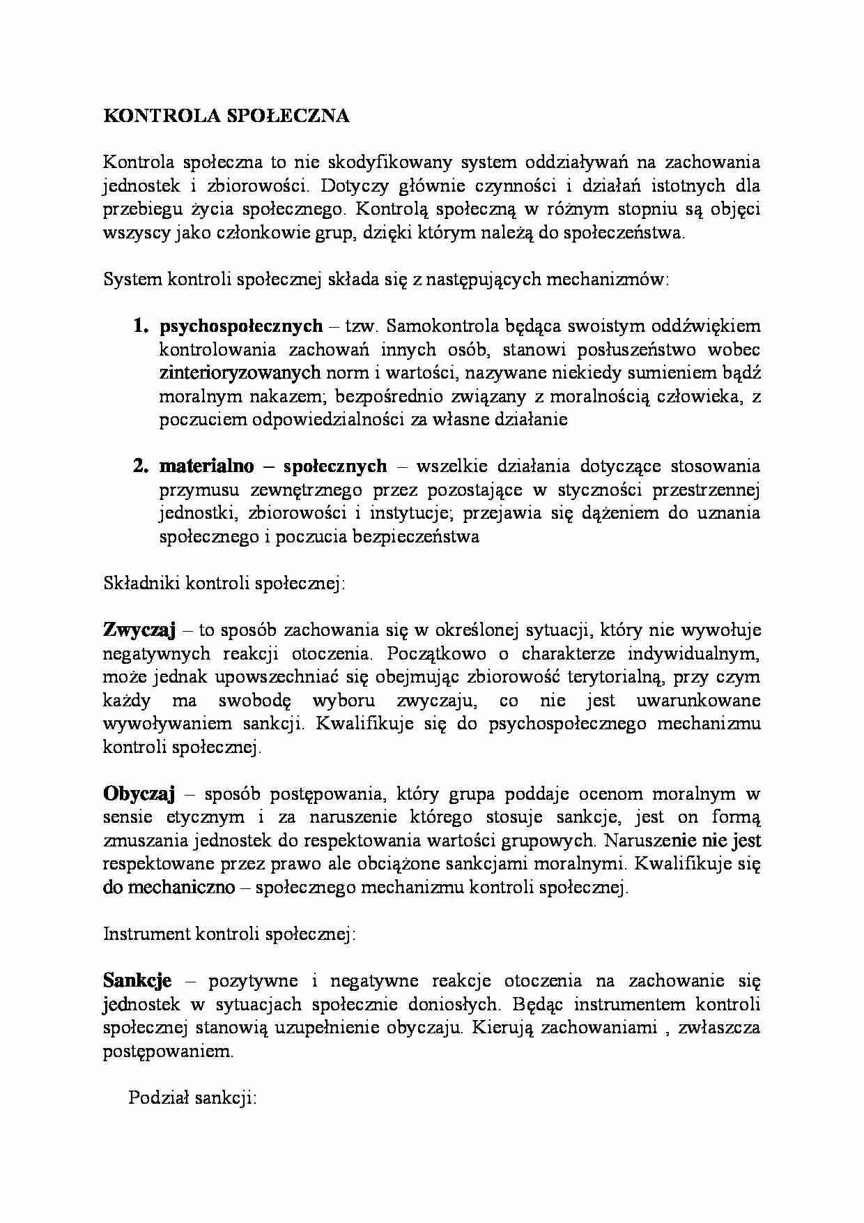 Kontrola społeczna-opracowanie - Klasyfikacja sankcji  - strona 1