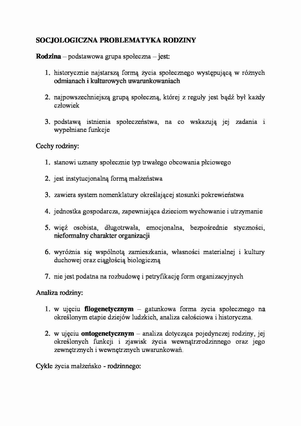 Socjologiczna problematyka rodziny-opracowanie  - strona 1