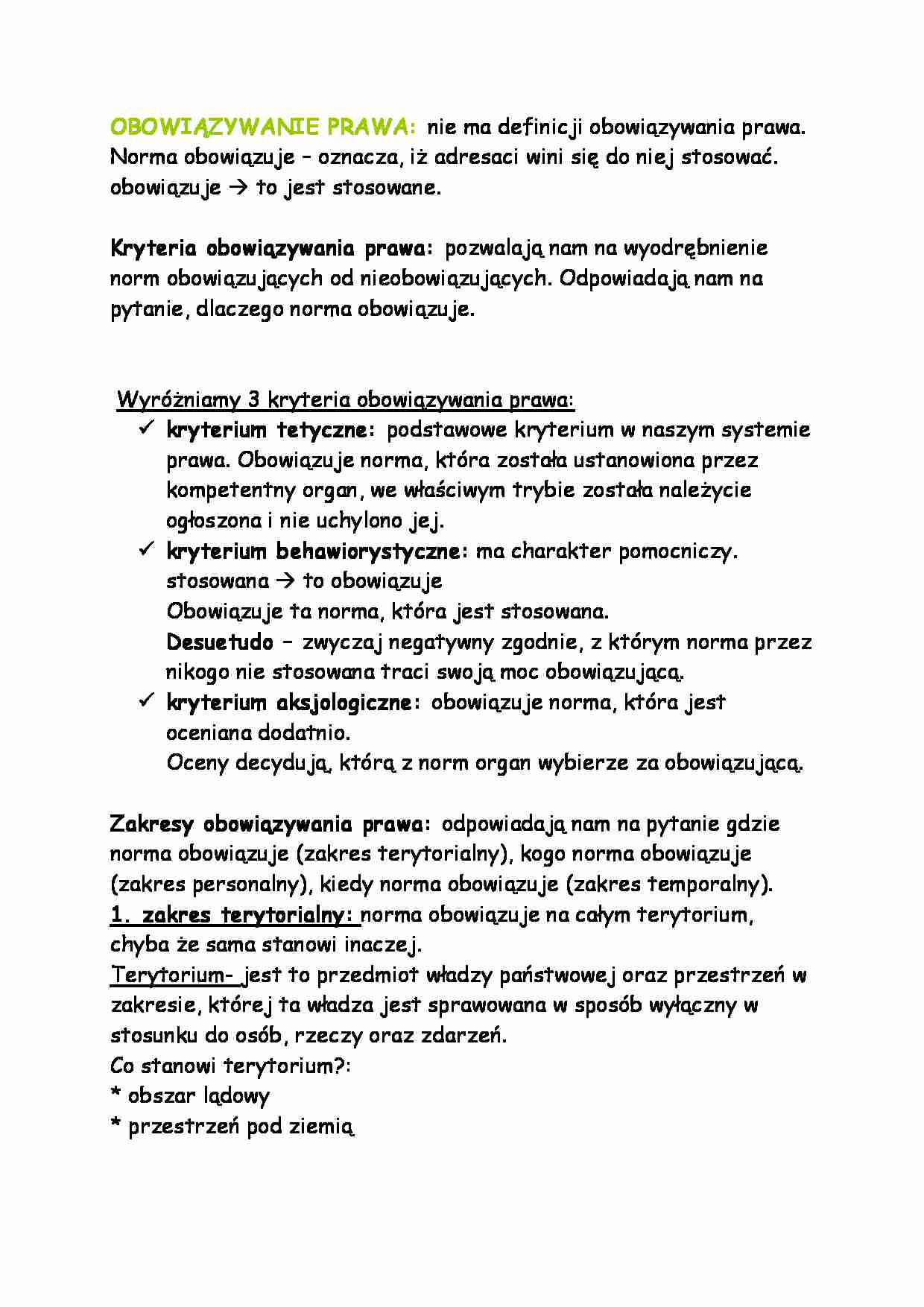 Obowiązywanie prawa-opracowanie  - strona 1