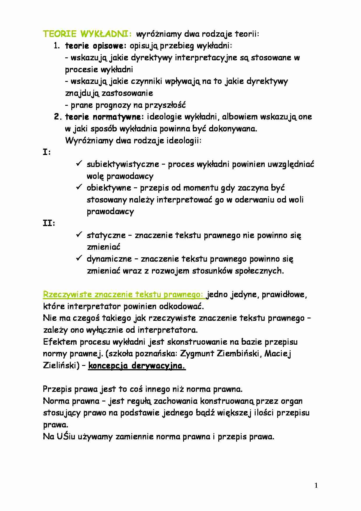 Teorie wykładni-opracowanie  - strona 1
