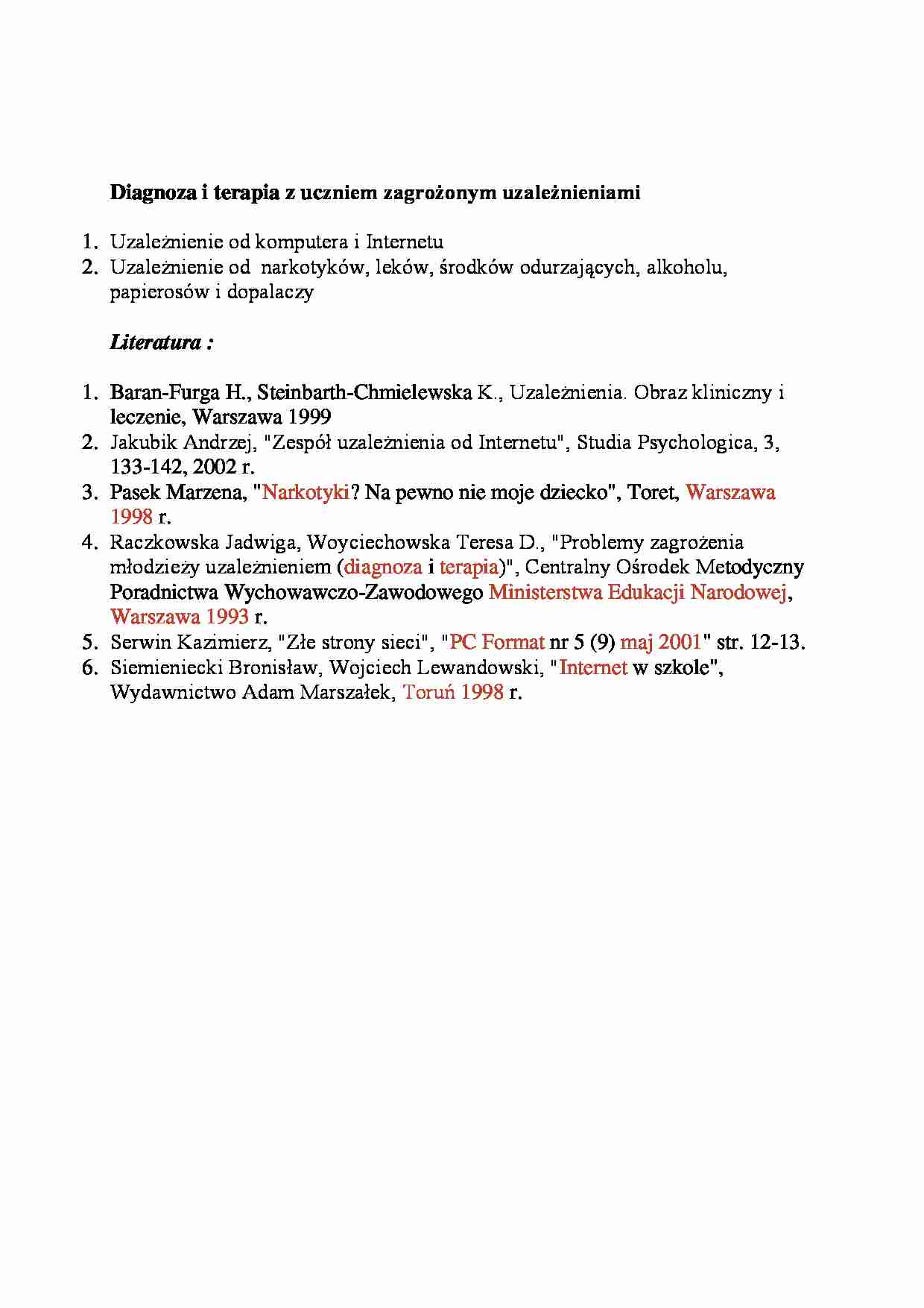 Diagnoza i terapia z uczniem zagrożonym uzależnieniami-opracowanie literatury - strona 1