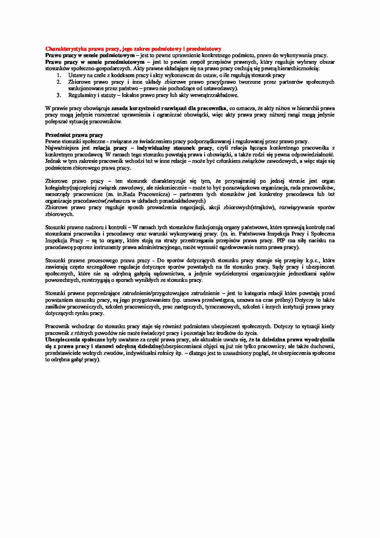 Charakterystyka prawa pracy-opracowanie  - strona 1