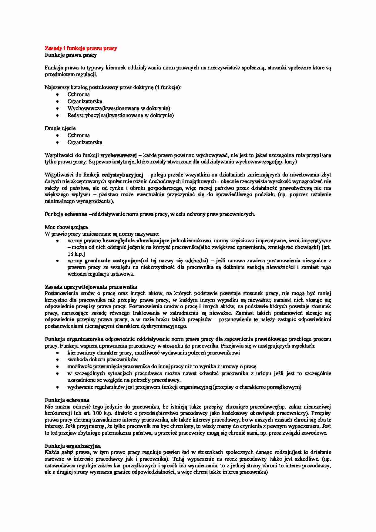 Zasady i funkcje prawa pracy-opracowanie - strona 1