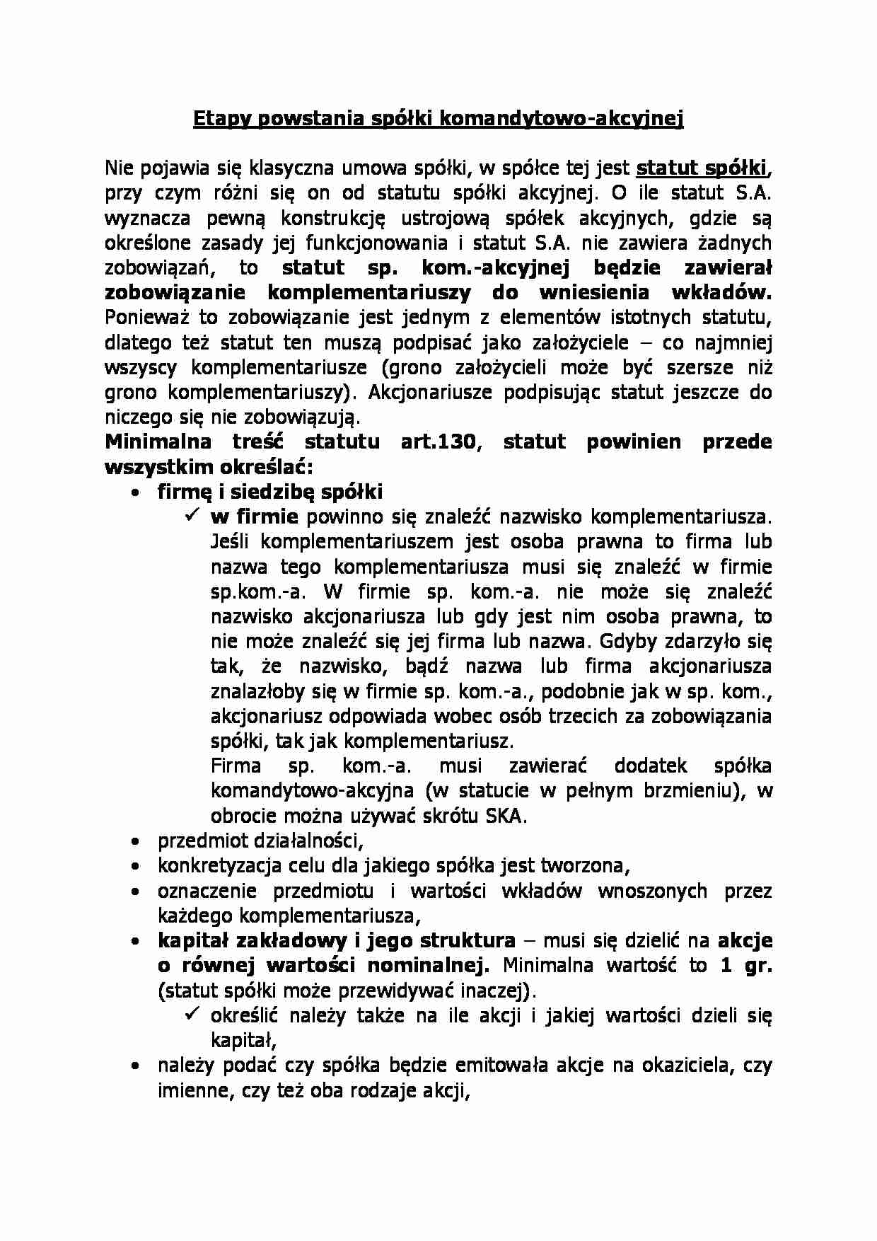 Etapy powstania spółki komandytowo-akcyjnej-opracowanie - strona 1