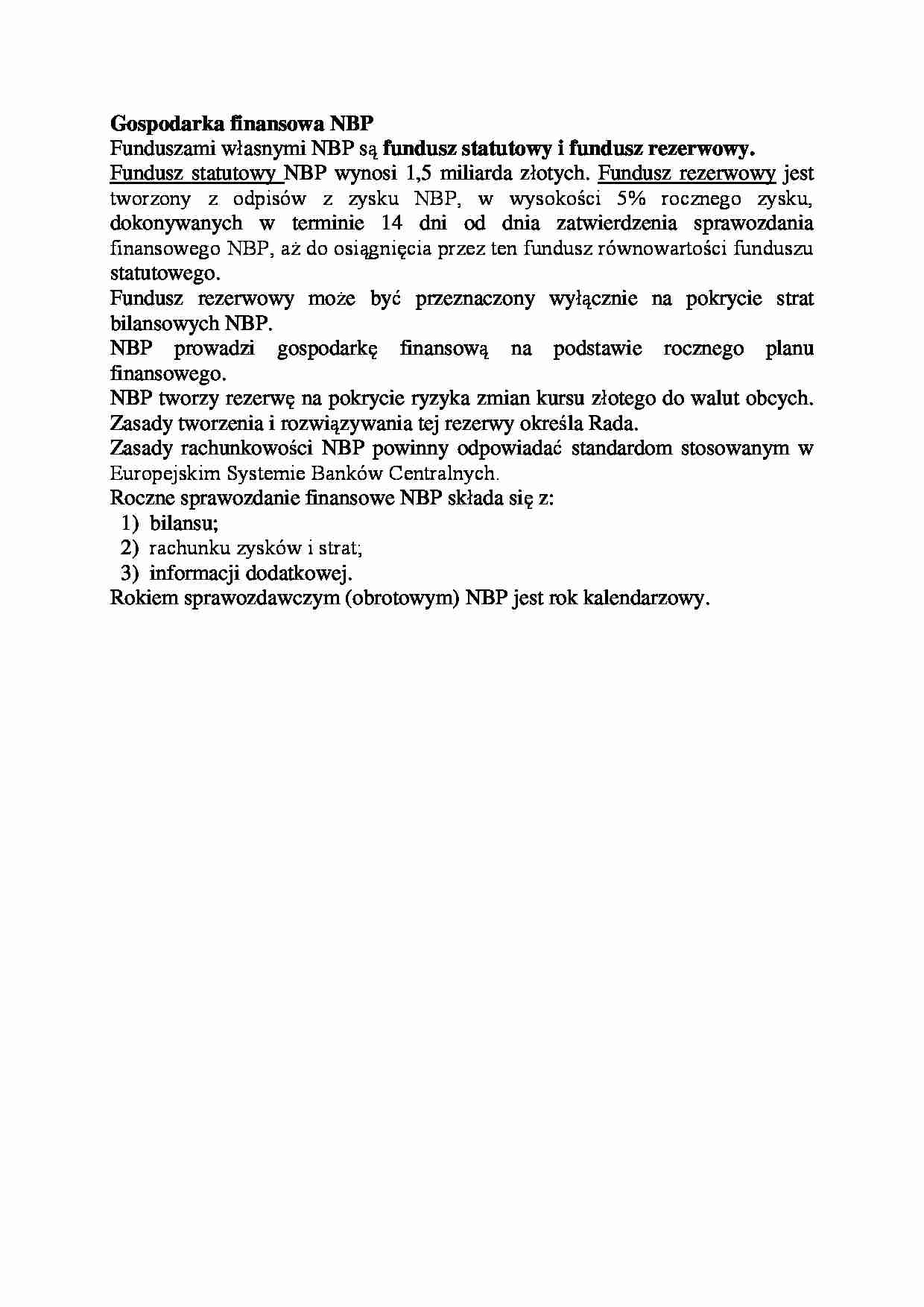 Gospodarka finansowa NBP-opracowanie - strona 1
