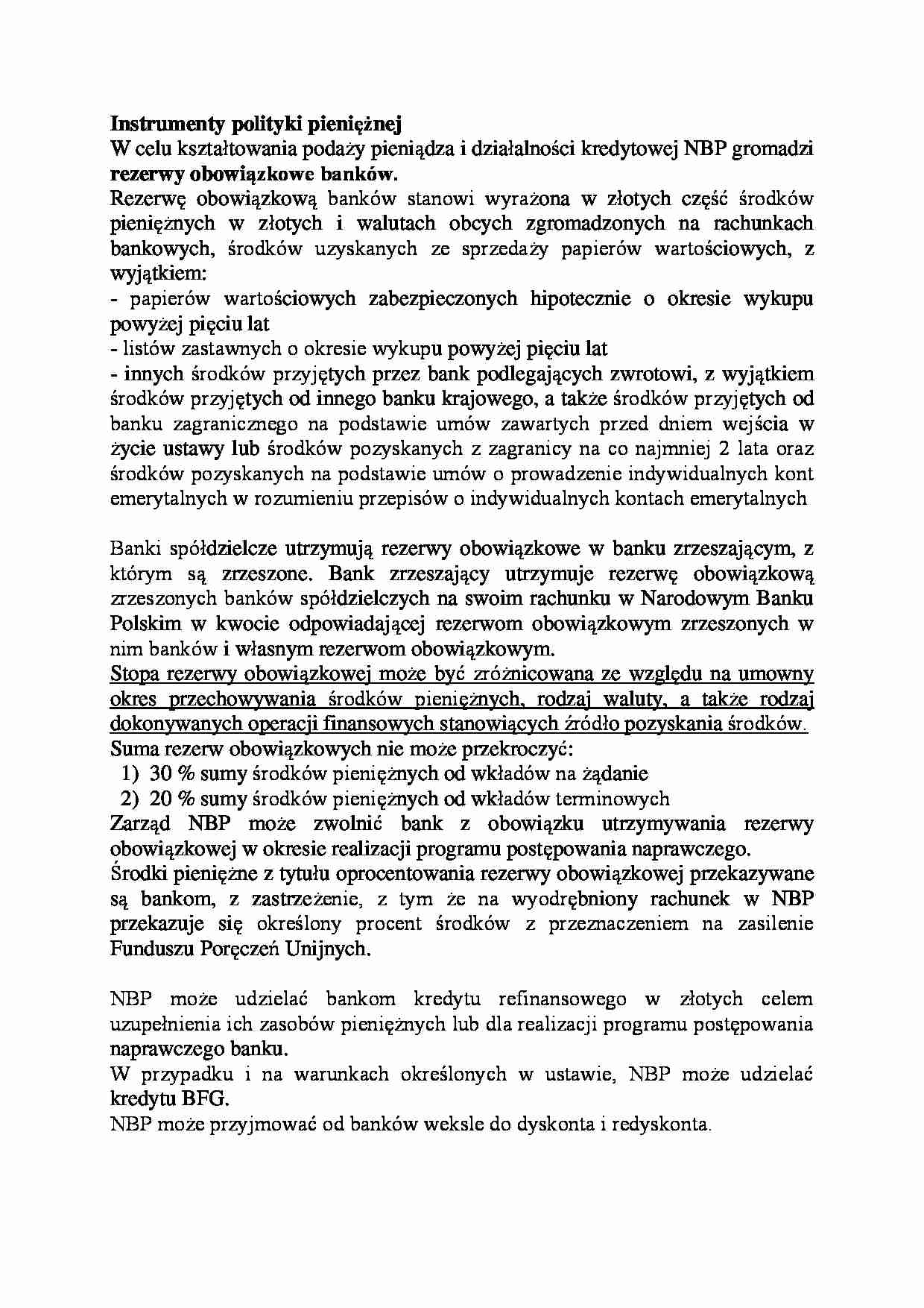 Instrumenty polityki pieniężnej-opracowanie - Rezerwy obowiązkowe  - strona 1