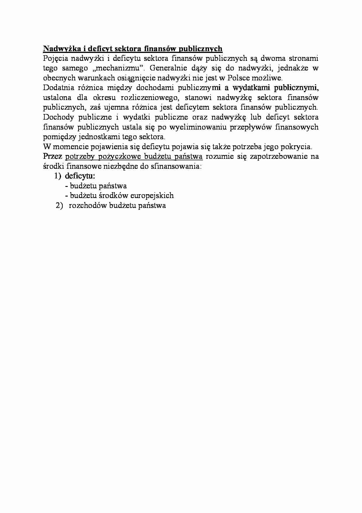 Nadwyżka i deficyt sektora finansów publicznych-opracowanie - strona 1