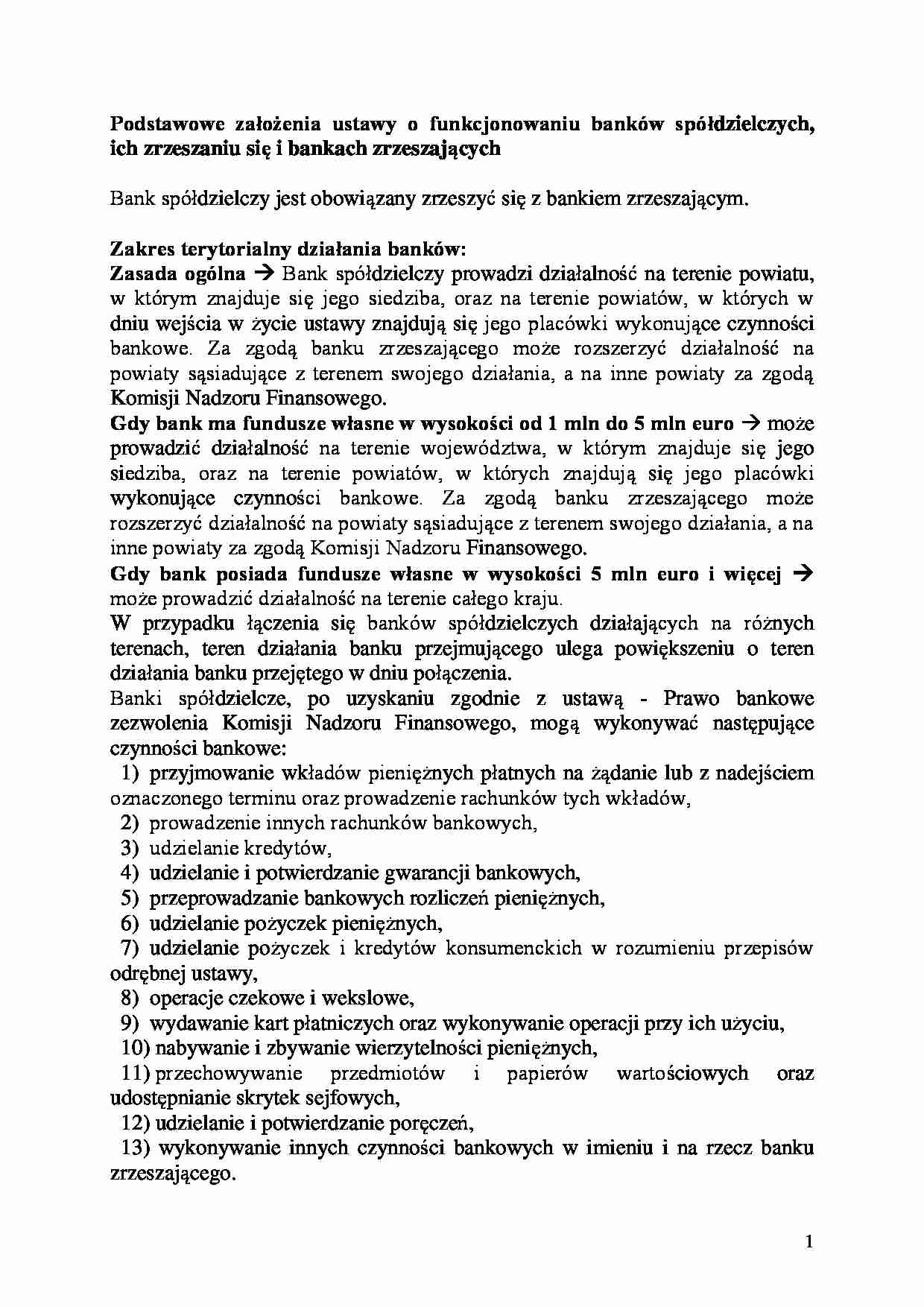 Podstawowe założenia ustawy o funkcjonowaniu banków spółdzielczych-opracowanie - strona 1
