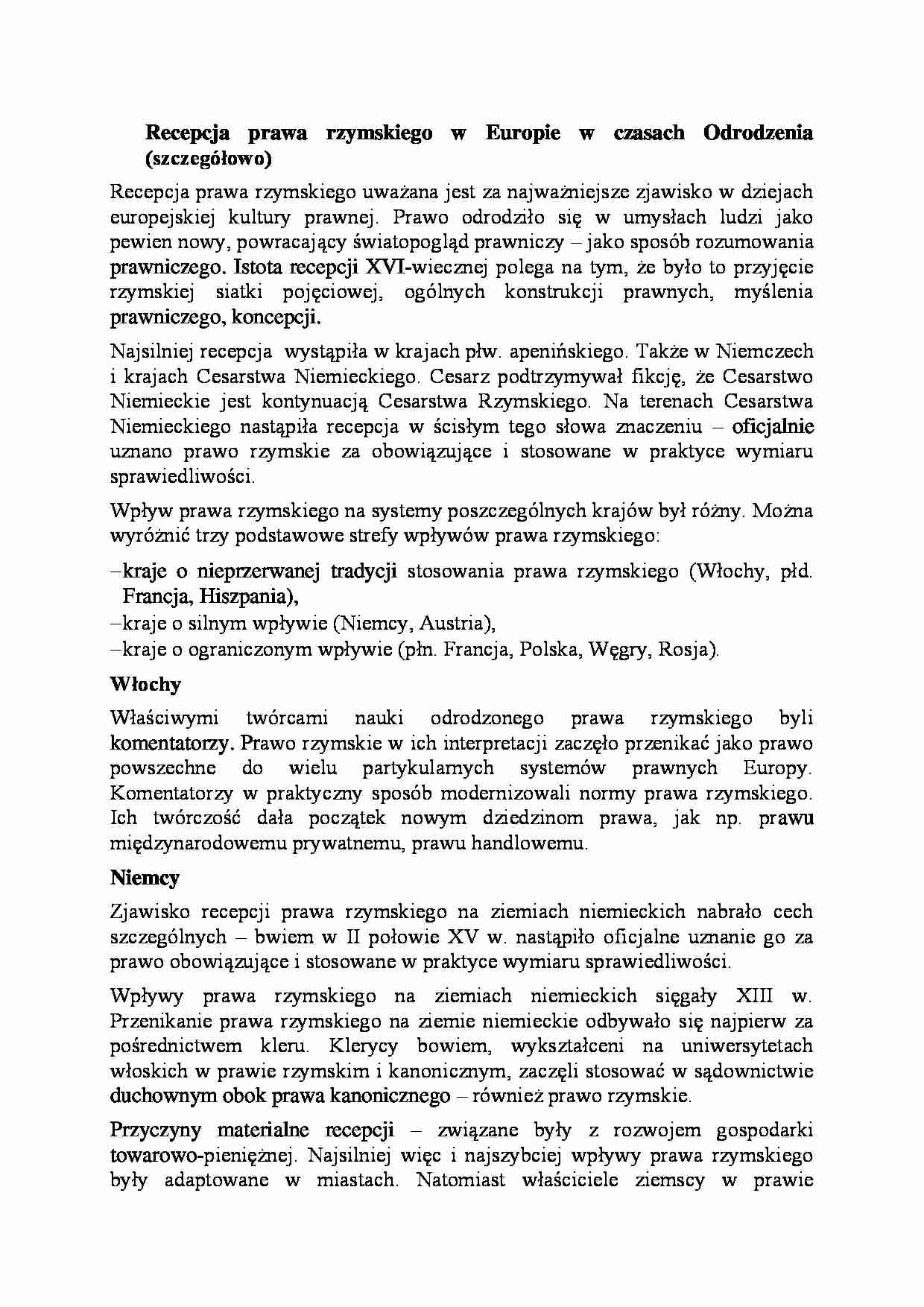 Recepcja prawa rzymskiego w Europie w czasach Odrodzenia-opracowanie - strona 1