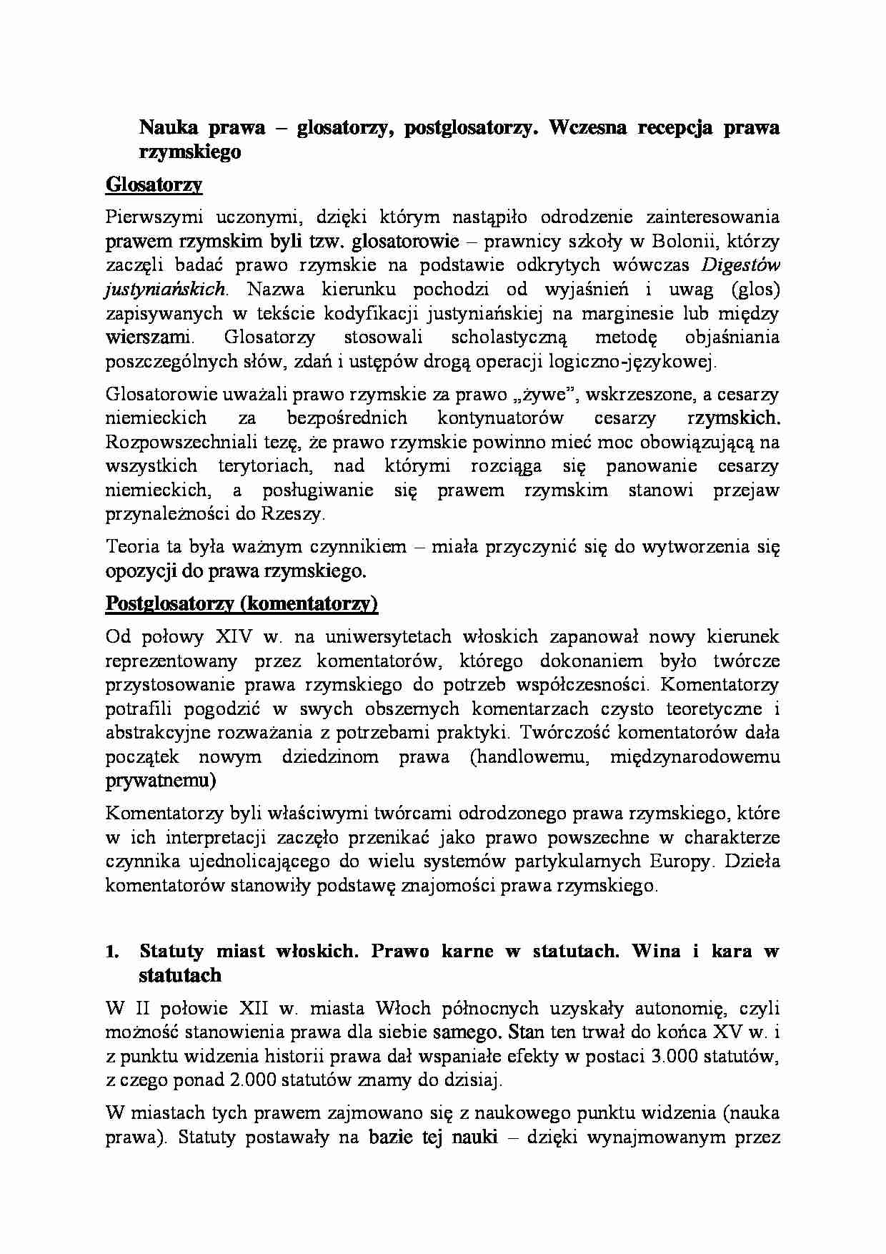 Nauka prawa-glosatorzy, postglosatorzy-opracowanie - strona 1