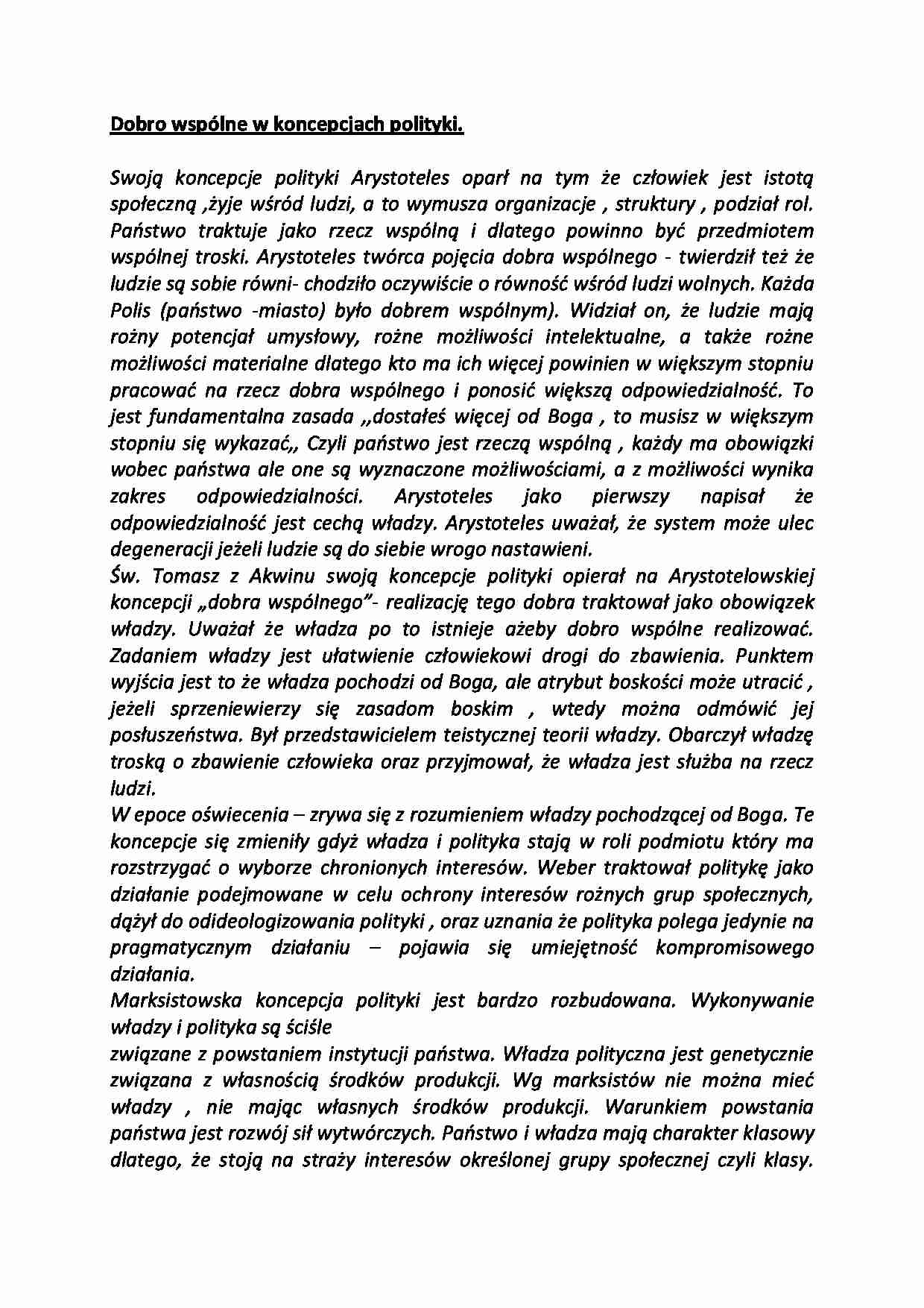 Dobro wspólne w koncepcjach polityki-opracowanie - strona 1