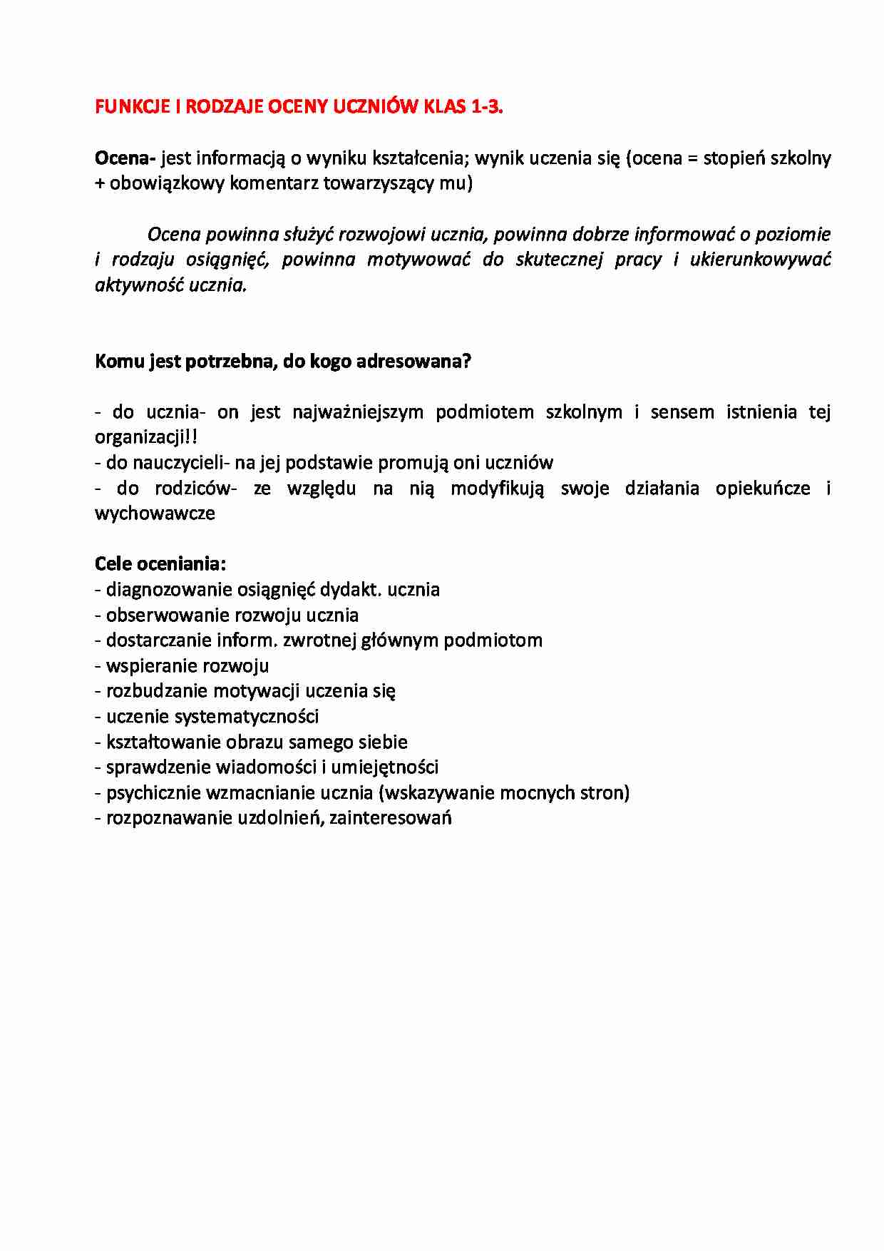 Funkcje i rodzaje oceny uczniów klas 1-3-opracowanie - strona 1