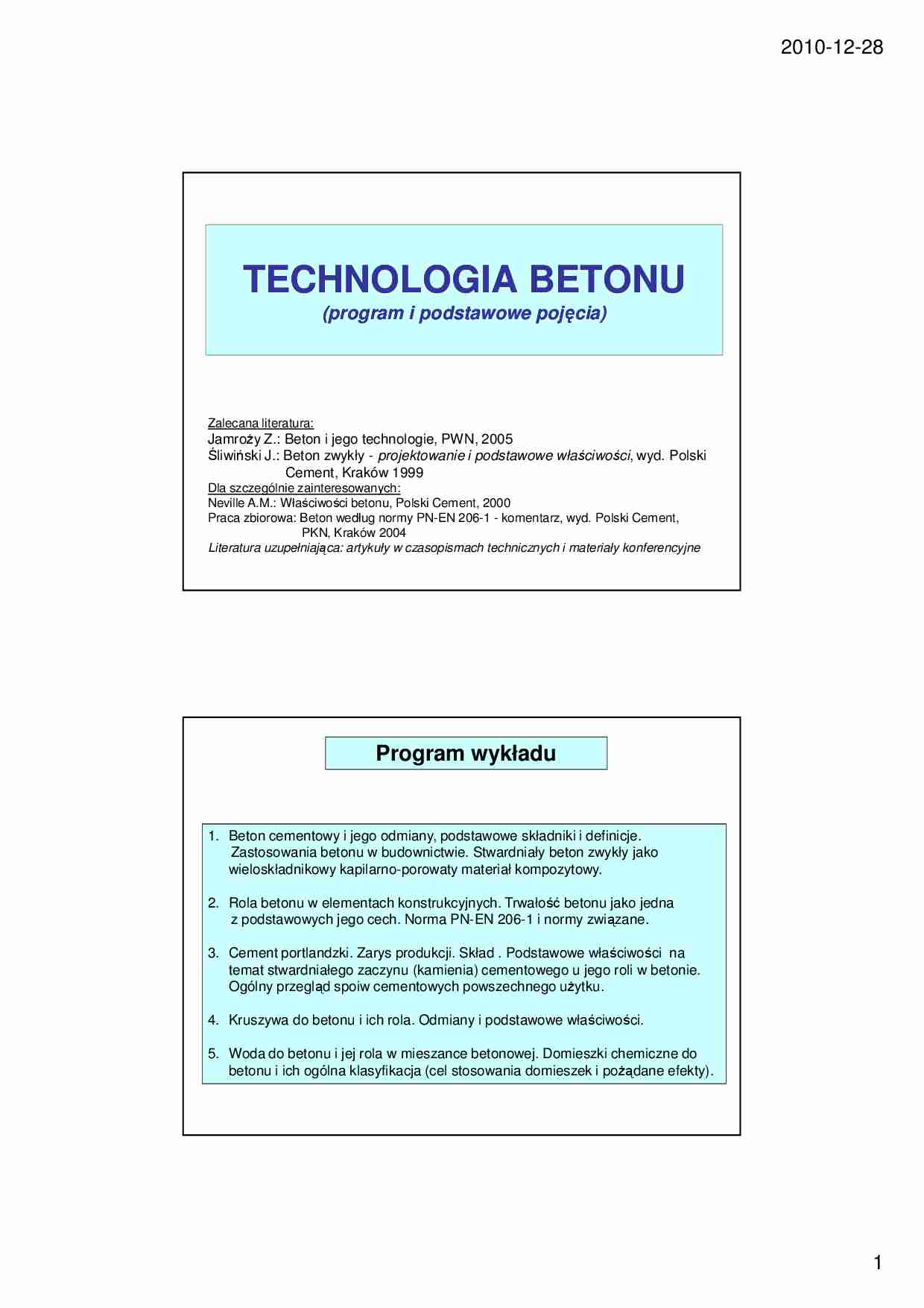 Technologia betonu - wykład 1 - strona 1