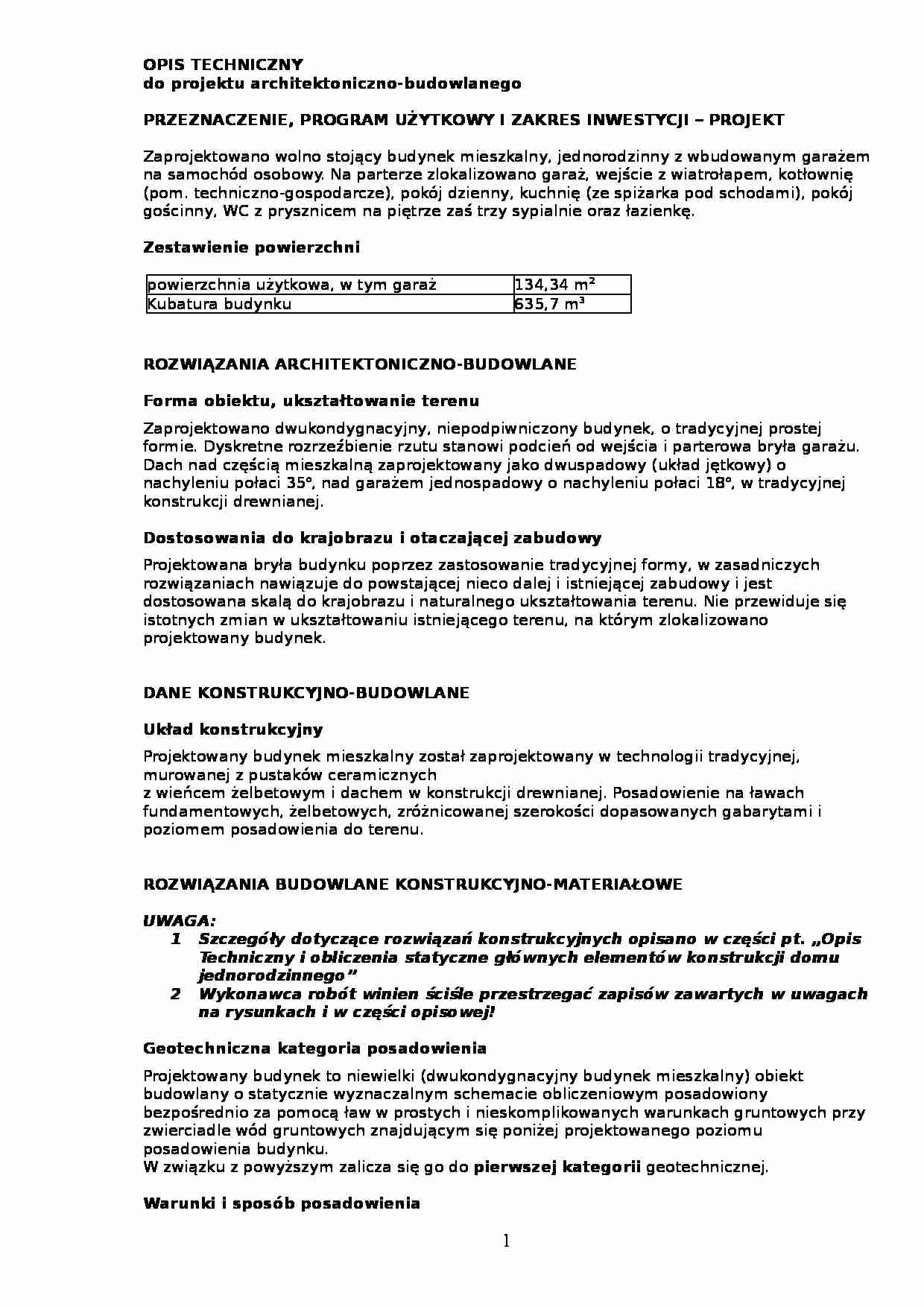Projekt architektonicznobudowlany - opis techniczny - strona 1