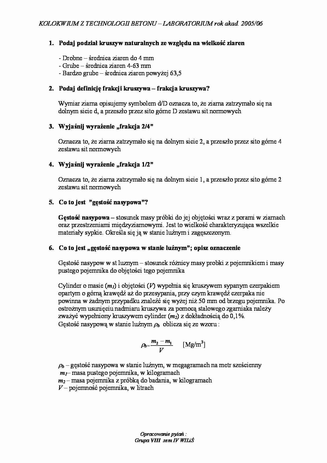 Kolokwium z technologii betonu  - strona 1