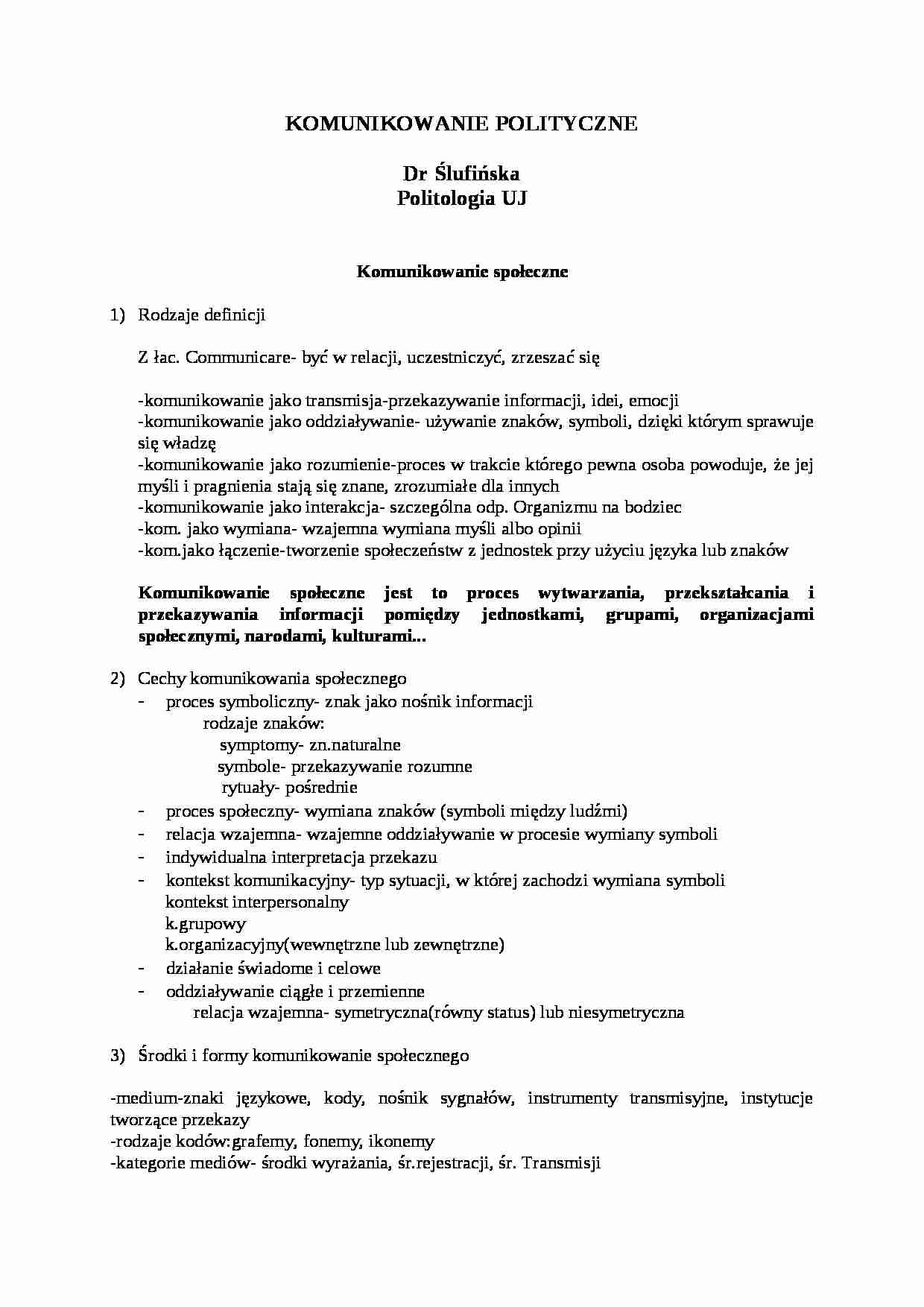 Komunikowanie polityczne - wykład - strona 1