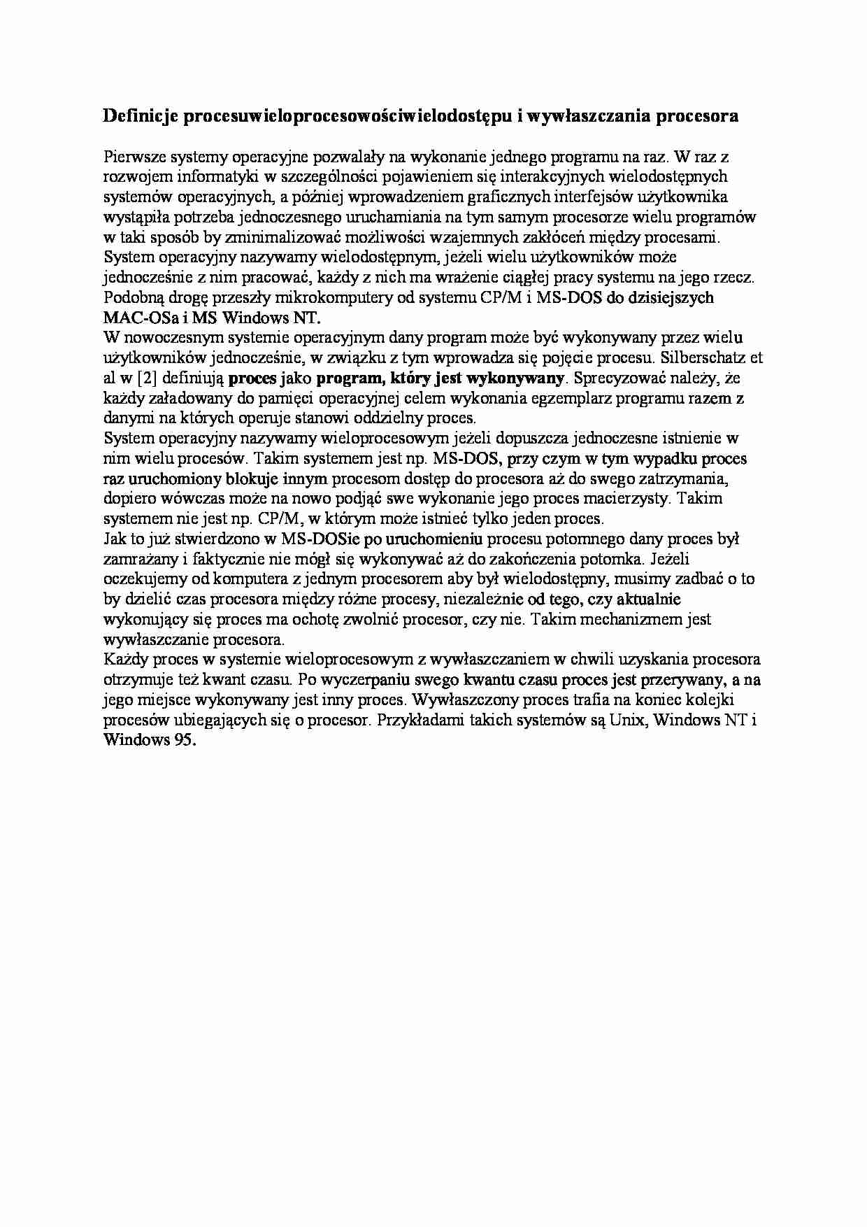 Definicje procesu wieloprocesowości wielodostępu - wykład - strona 1