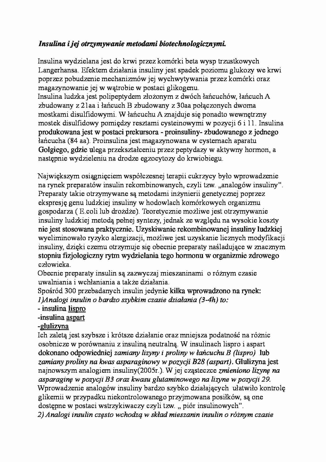 Insulina i jej otrzymywanie metodami biotechnologicznymi - wykład - strona 1