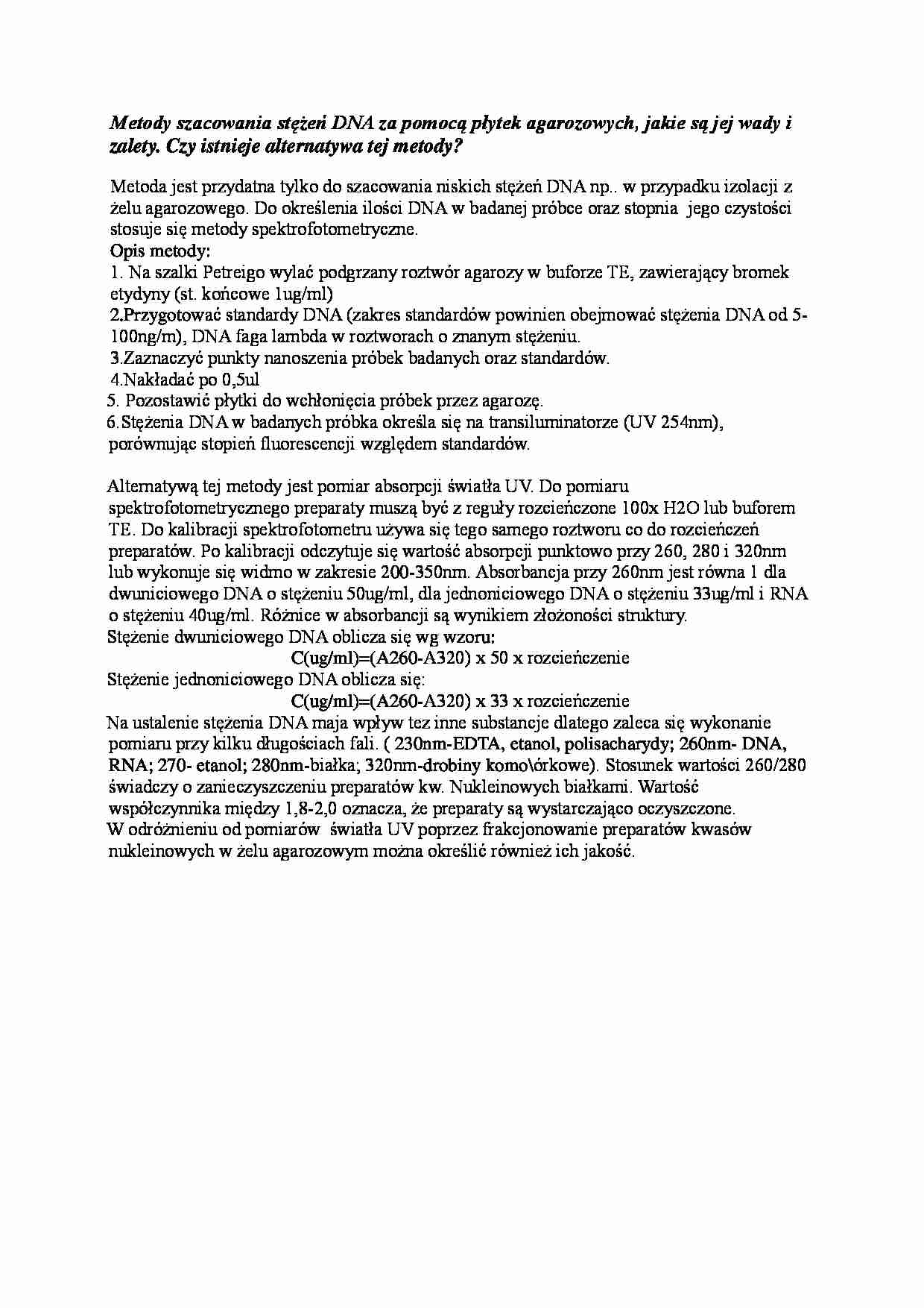 Metody szacowania stężeń DNA za pomocą płytek agarozowych - wykład - strona 1