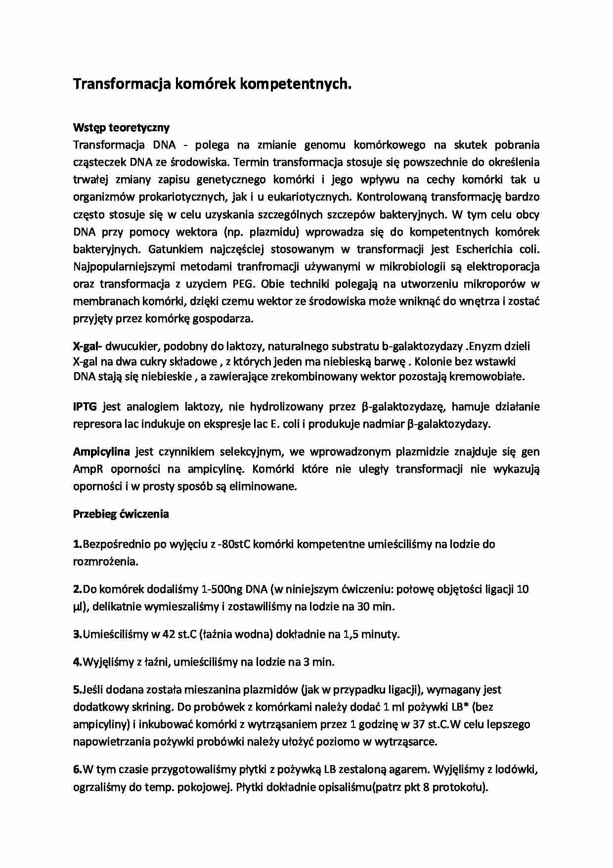 Transformacja komórek kompetentnych - ćwiczenie - strona 1