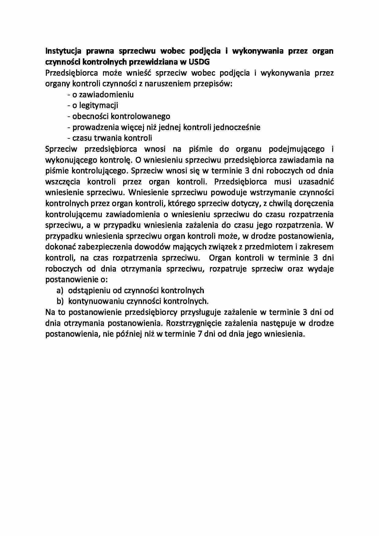Instytucja prawna sprzeciwu wobec podjęcia i wykonywania przez organ czynności kontrolnych przewidziana w USDG - strona 1