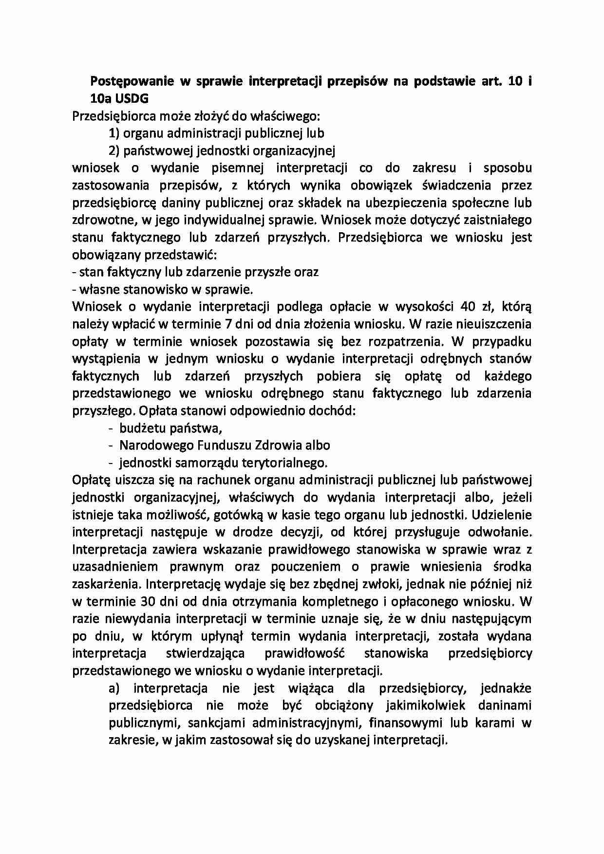Postępowanie w sprawie interpretacji przepisów na podstawie art 10 i 10a USDG - strona 1