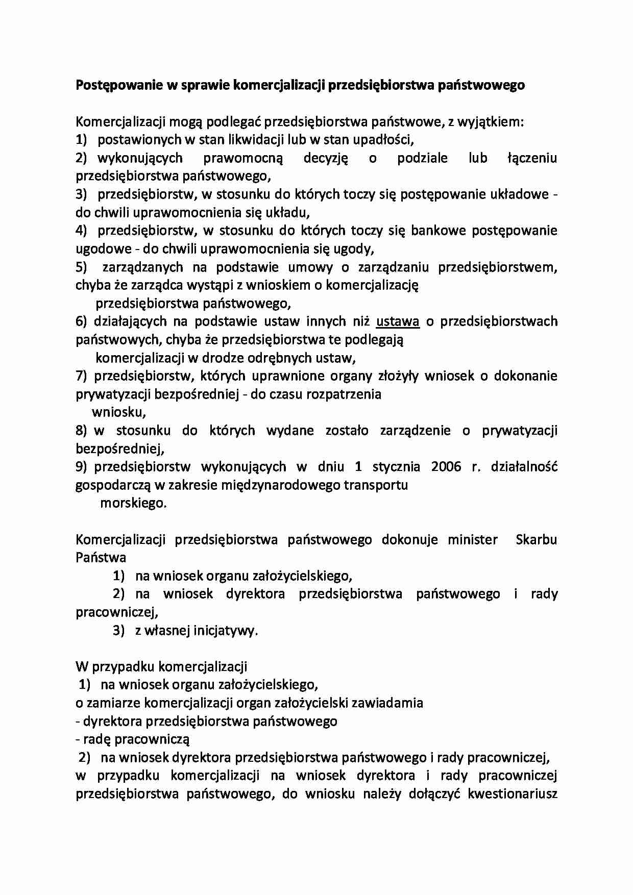 Postępowanie w sprawie komercjalizacji przedsiębiorstwa państwowego - strona 1