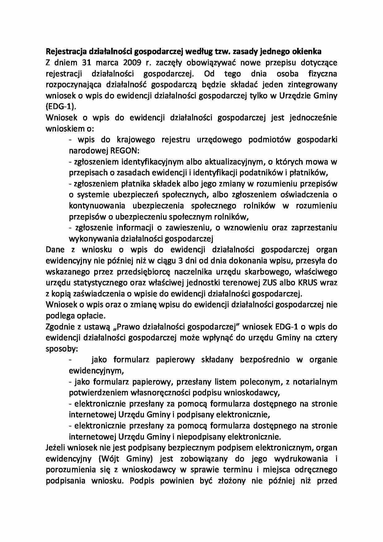 Rejestracja działalności gospodarczej według tzw zasady jednego okna - strona 1