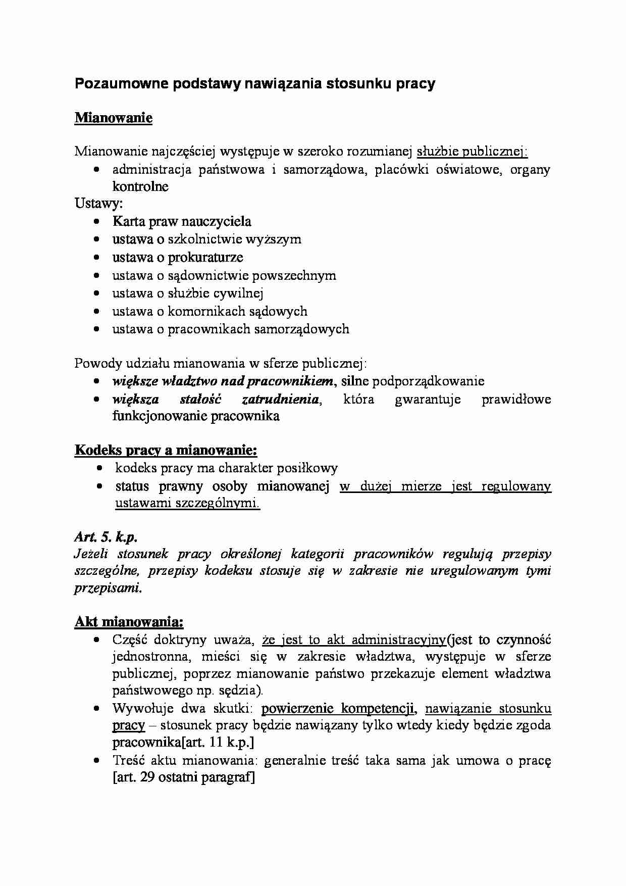 Pozaumowne podstawy nawiązania stosunku pracy - Mianowanie - strona 1