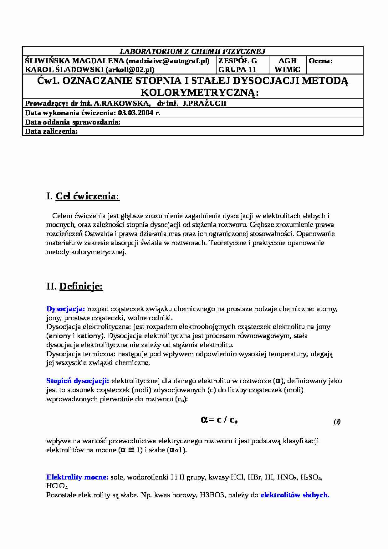 Chemia fizyczna - kolorymetr - omówienie - strona 1