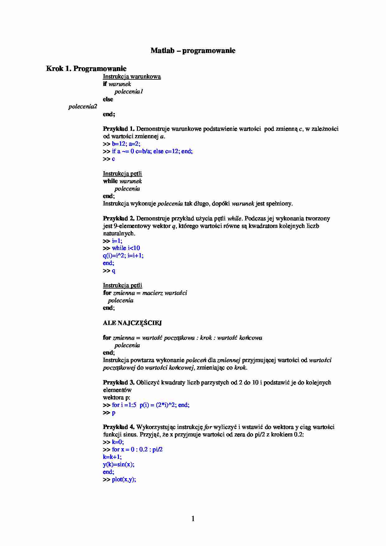 Matlab programowanie - omówienie - strona 1