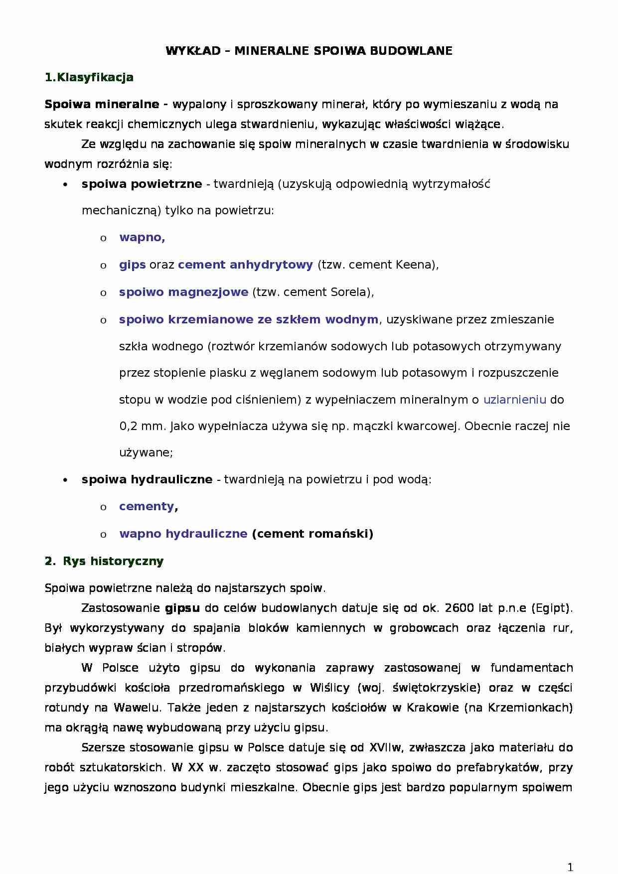 Wykład - Spoiwa mineralne - strona 1