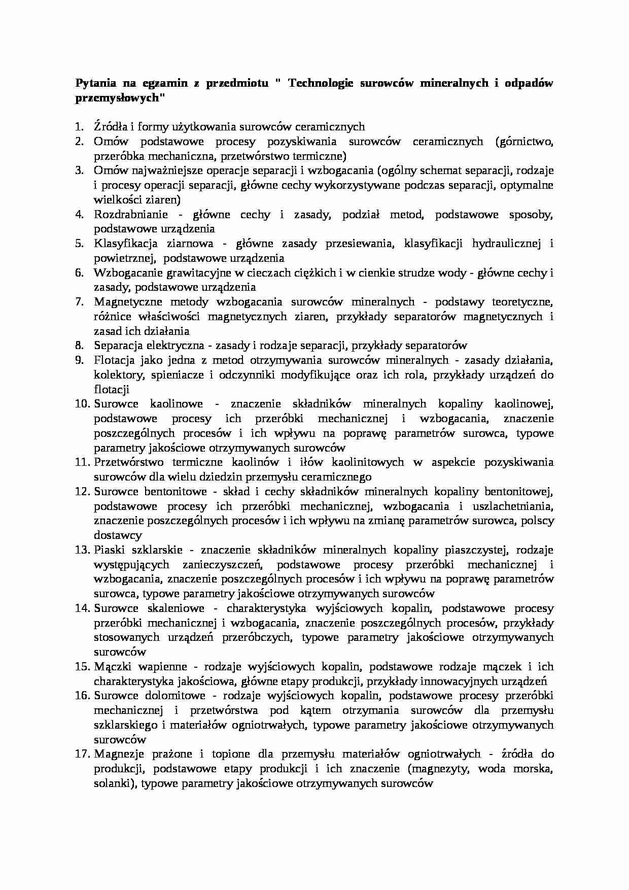 Technologia surowców - pytania egzaminacyjne - strona 1