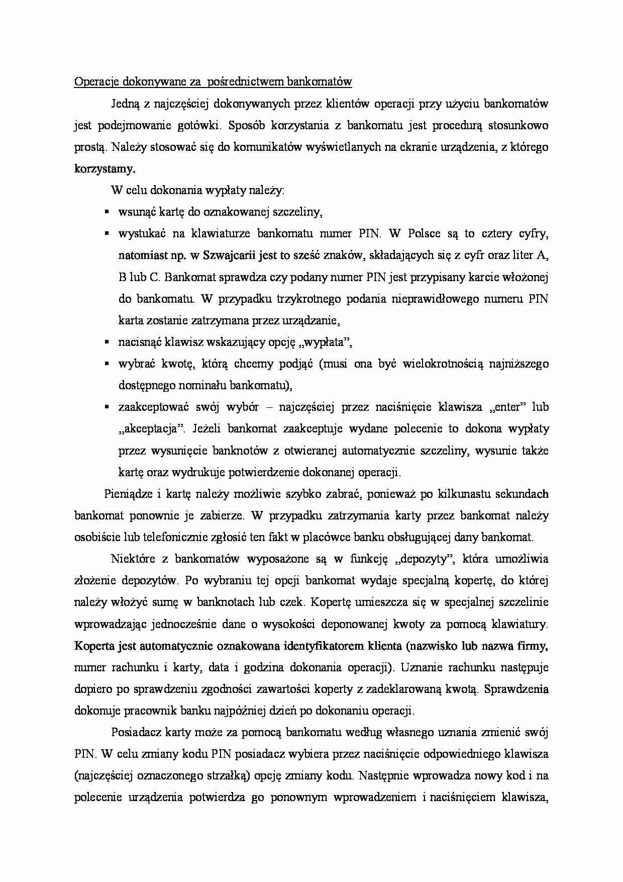 Operacje dokonywane za pośrednictwem bankomatów - wykład - strona 1