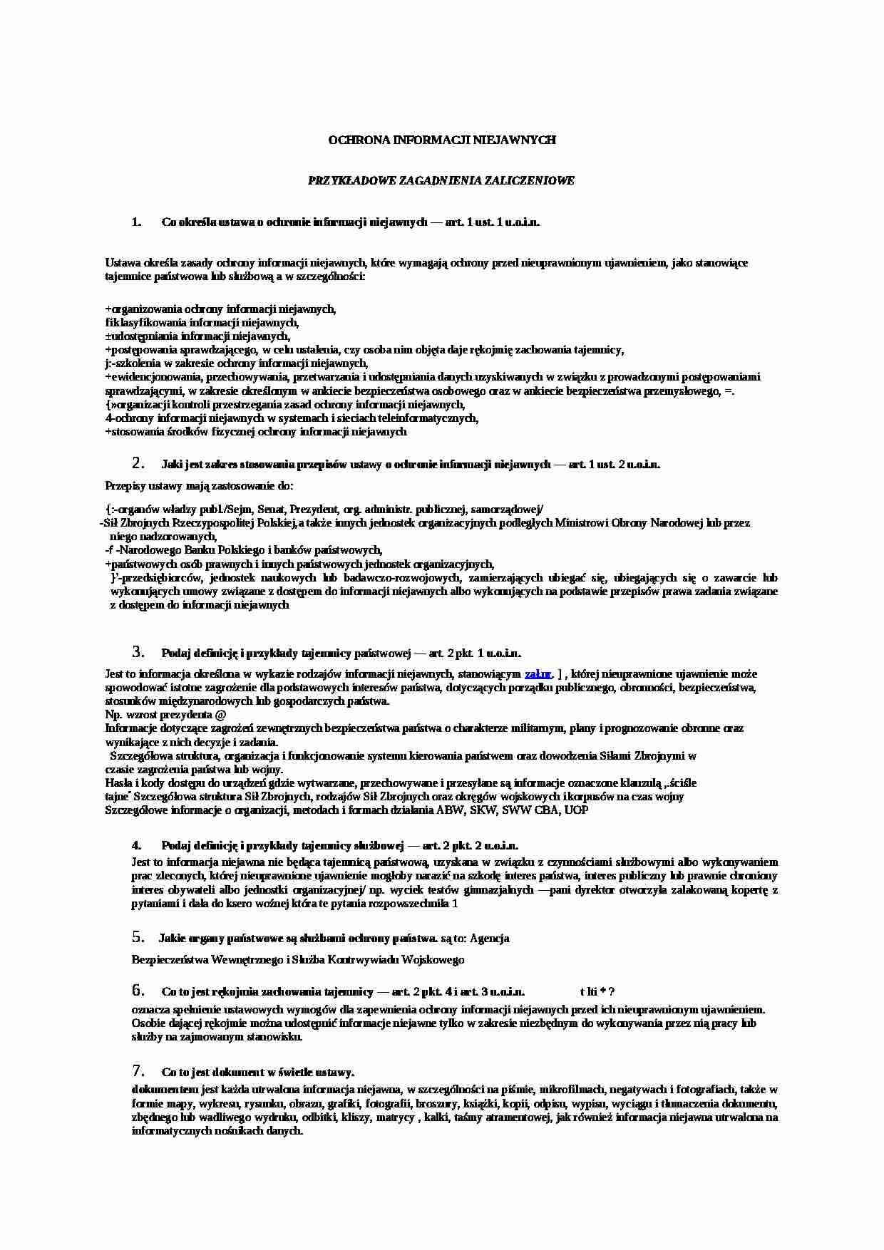 Ochrona informacji niejawnych - przykładowe zagadnienia zaliczeniowe - strona 1